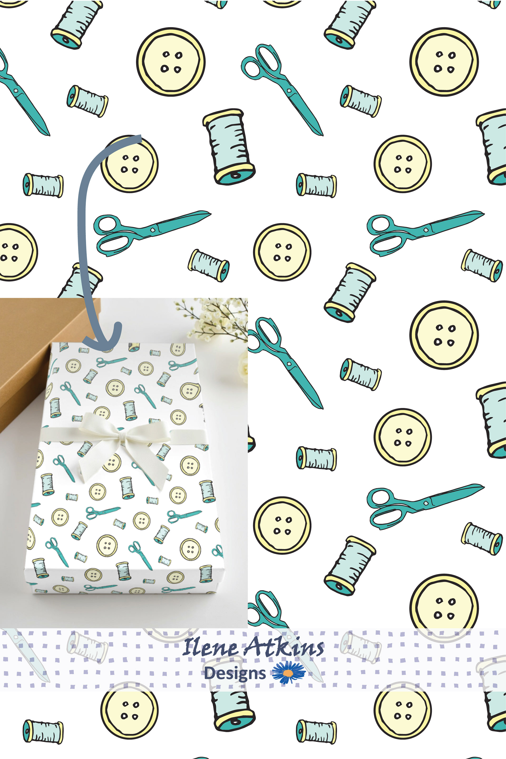 Hand drawn sewing inspired surface pattern design in lemon yellow and mint aqua green colours, in a tossed seamless repeating pattern featured on gift wrapping paper