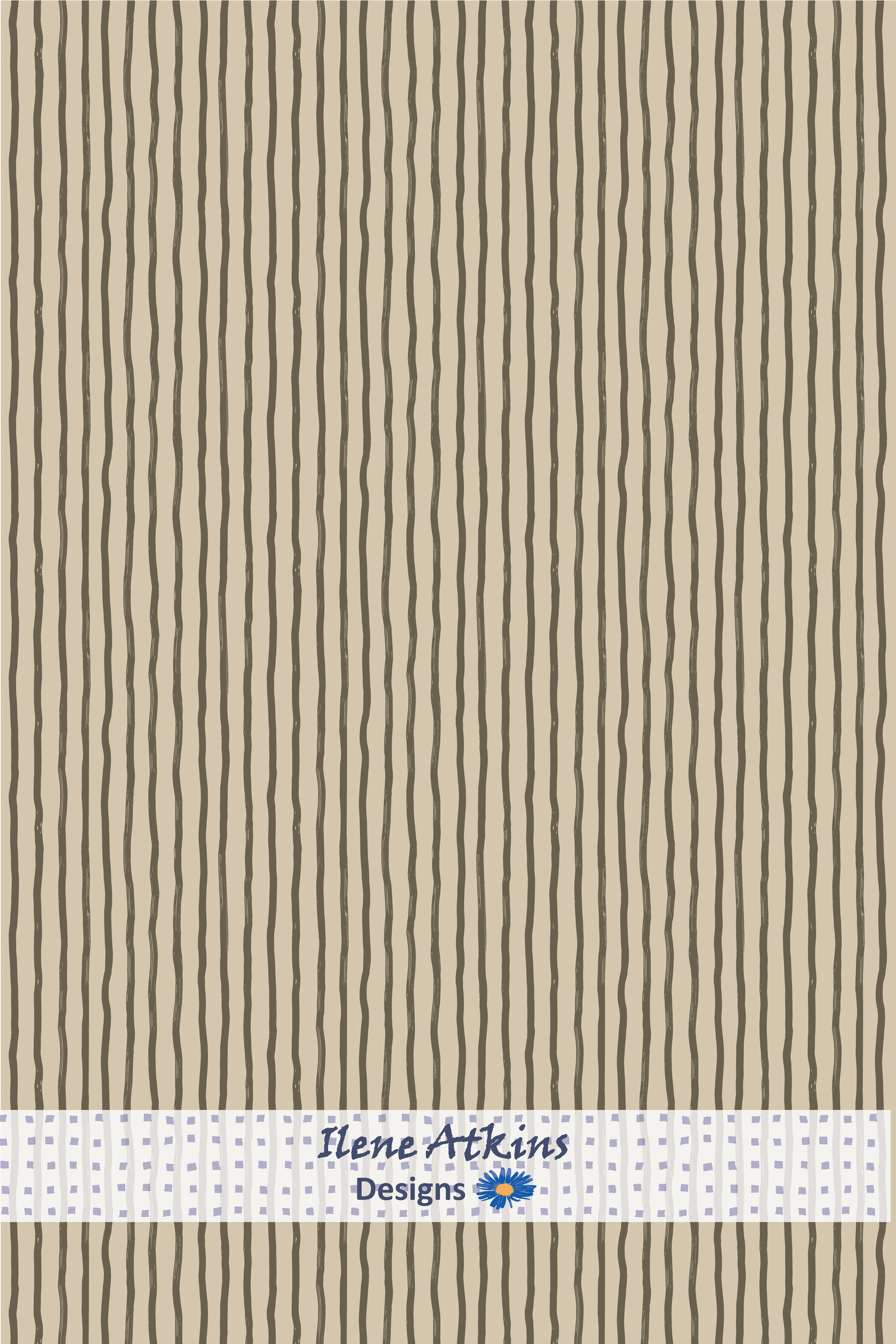 Wayfinding Pattern in the Sage Woodland Collection, by Ilene Atkins Designs, features hand drawn stripes in chocolate brown on warm tan background. Hand drawn surface pattern seamless repeat designs for licensing for fabric, wallpaper, stationery, home goods, and textiles.
