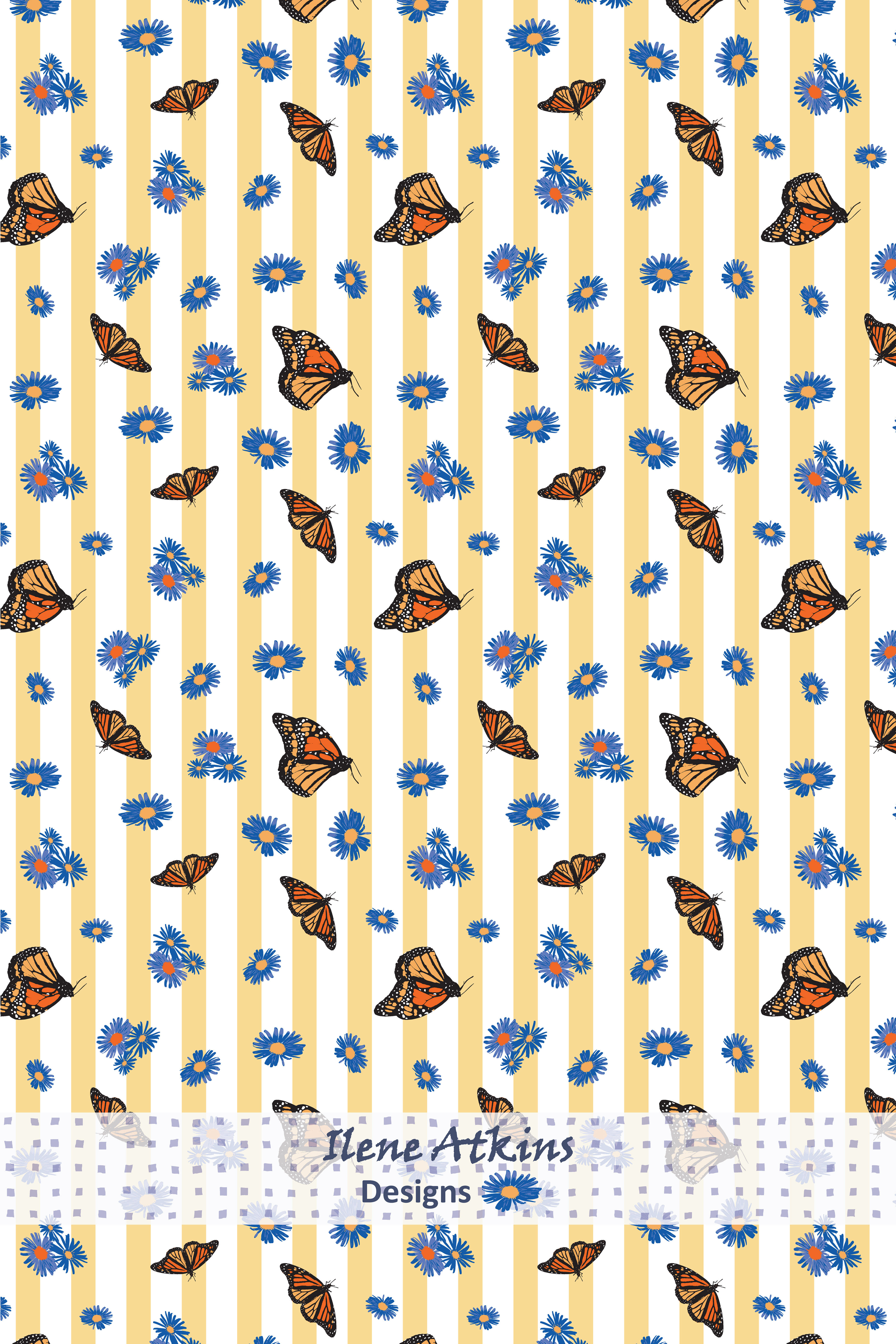 Monarch Migration Pattern by Ilene Atkins Designs, features monarch butterflies and purple asters on a yellow stripe background. License ready botanical wildflower and butterfly print. Nature inspired textile design.