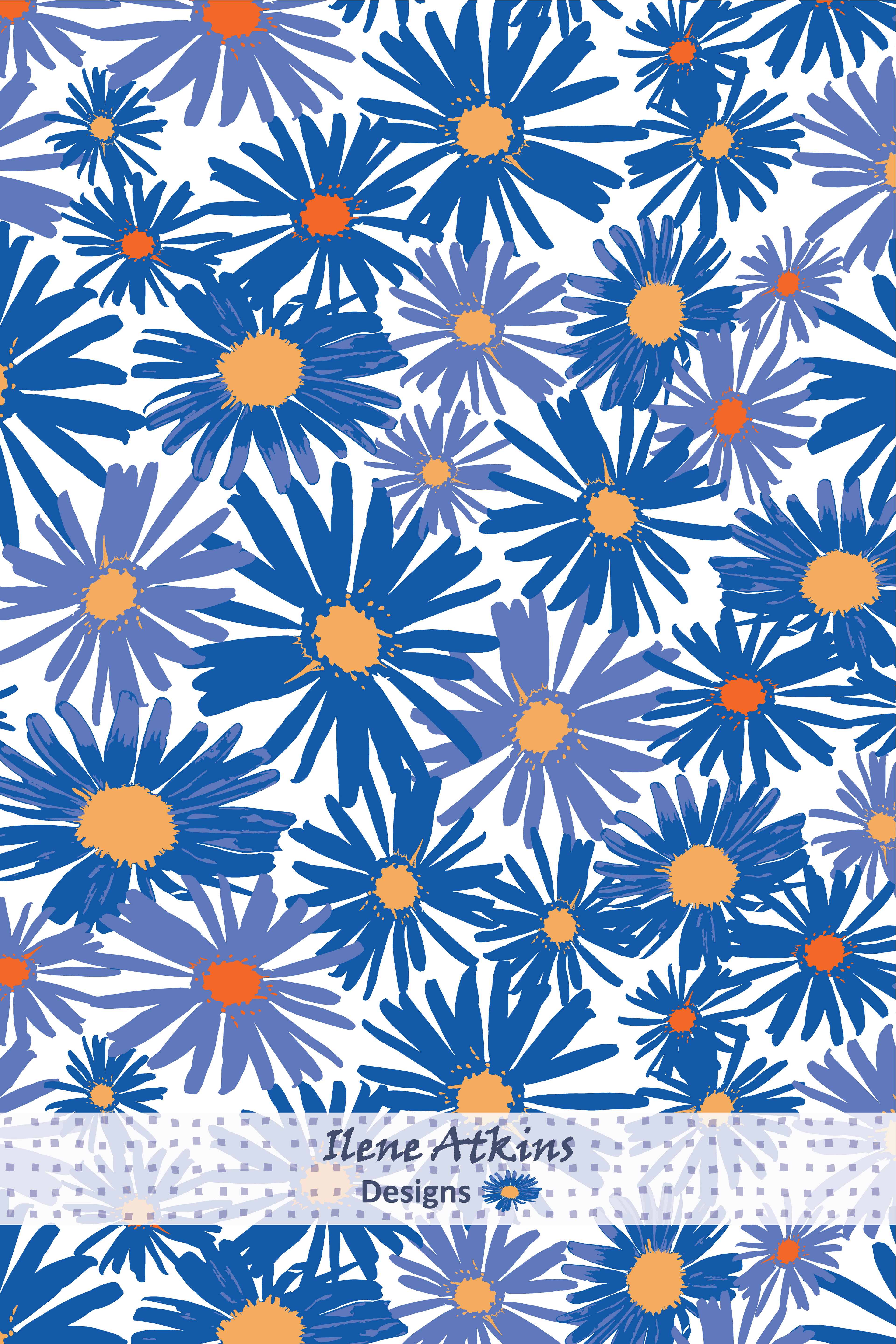 Asters 1 Pattern in the Monarch Migration Collection by Ilene Atkins Designs, features bright coloured royal blue wildflower asters with orange centres in a repeating seamless pattern on a white background. Whimsical kid's surface pattern designer. Exudes positivity and happiness.