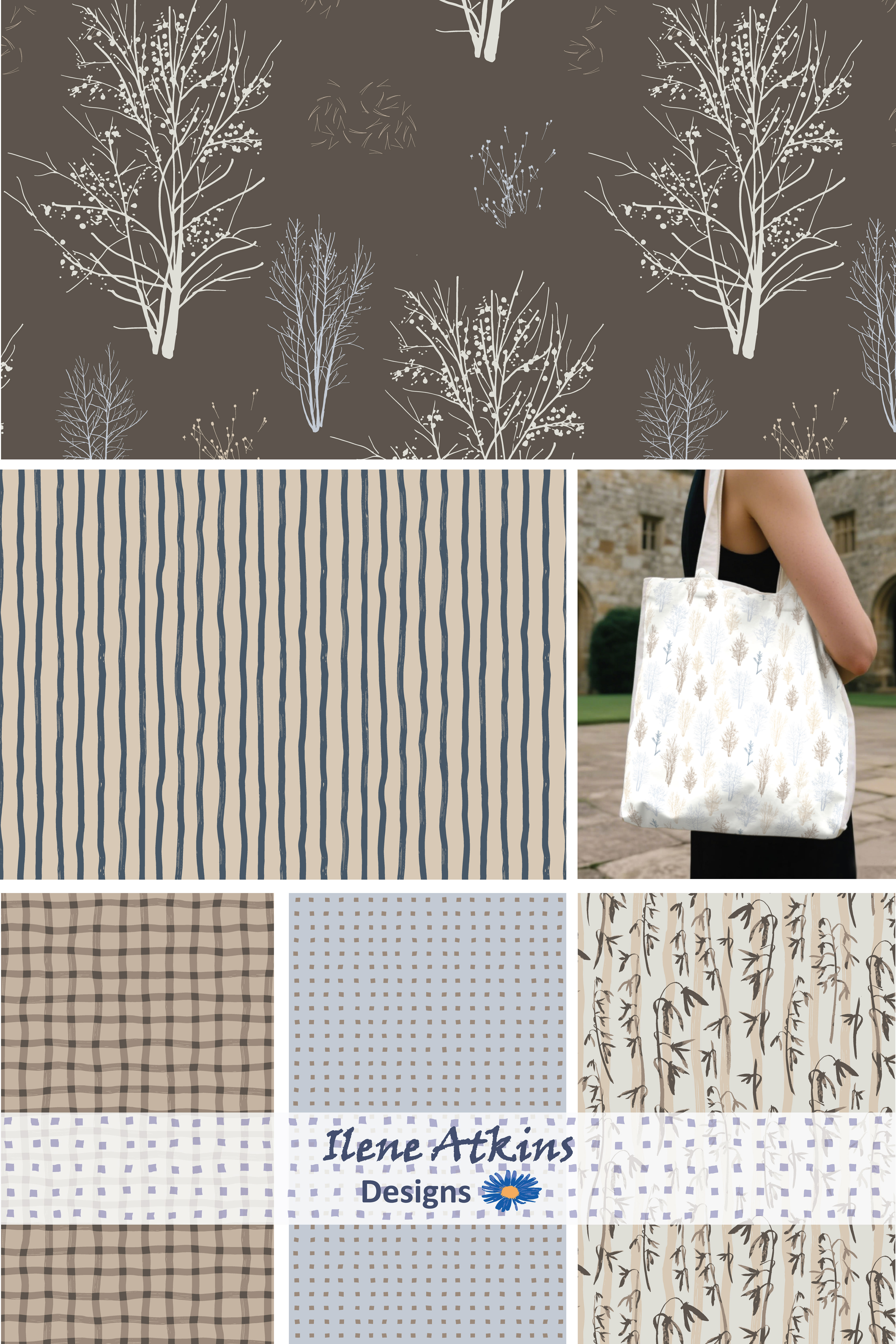 Cottage Woodland Collection by Ilene Atkins Designs, features a warm, nature-inspired palette of soft linen and earthy natural tones, gently balanced with touches of dusty blue. Quiet Scandinavian influences, calm botanicals, hand drawn seamless repeat patterns.
