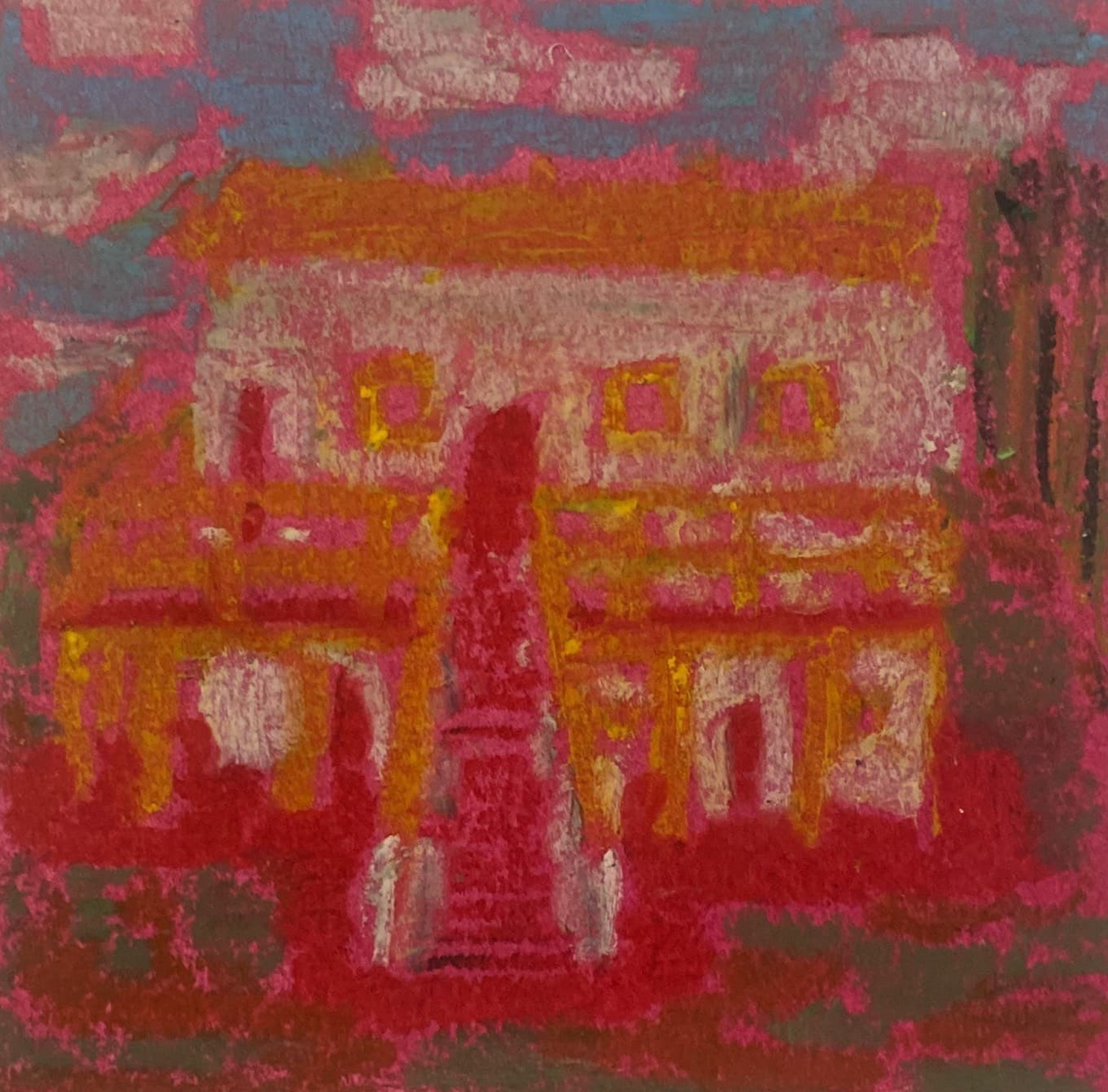 Casarão amarelado I, pastel oleoso e acrílica sobre papel, 9 x 9 cm