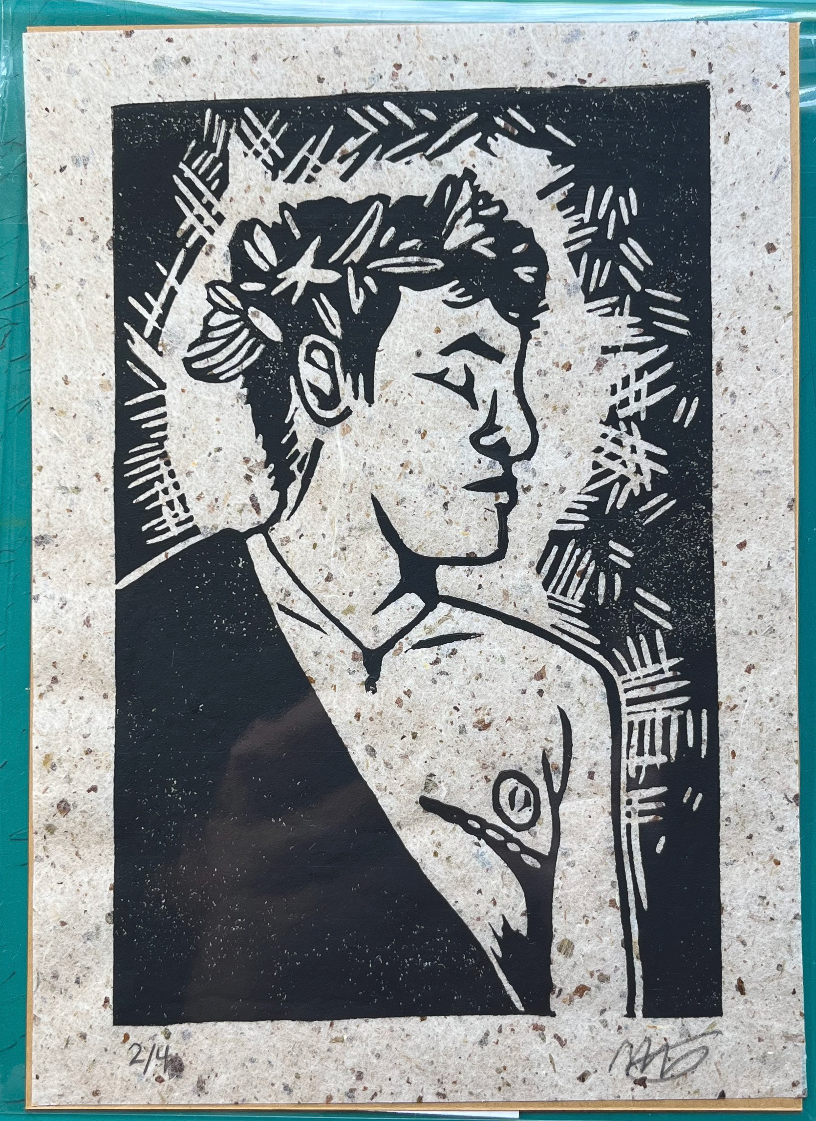 "Troubadour" in black on white speckle paper, 5 x 7"