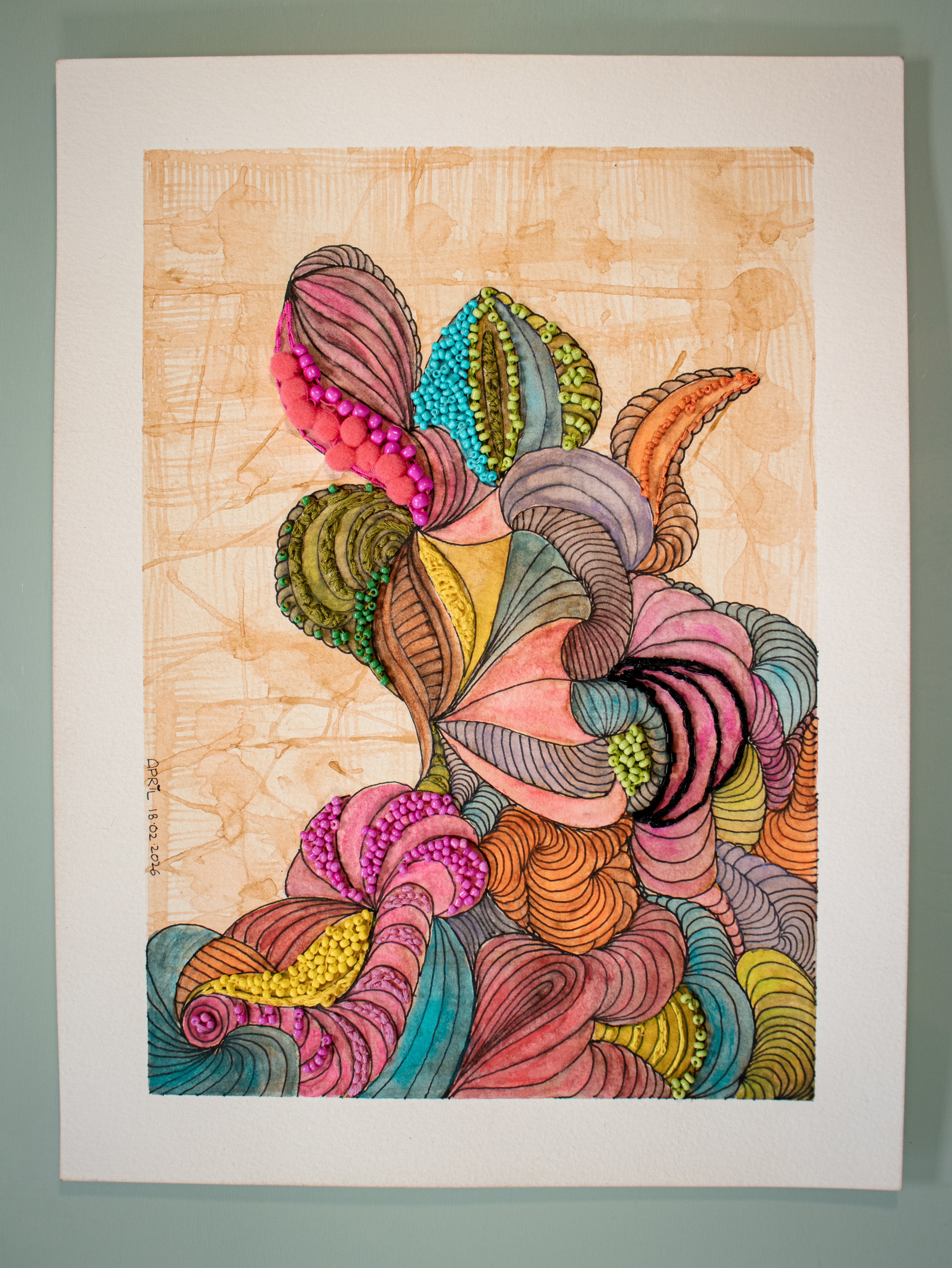 Título: "Flora intestinal de Dios" / Medidas: 22.9 x 30.5 cm / Soporte: papel 300 g /  Técnica: mixta y bordado