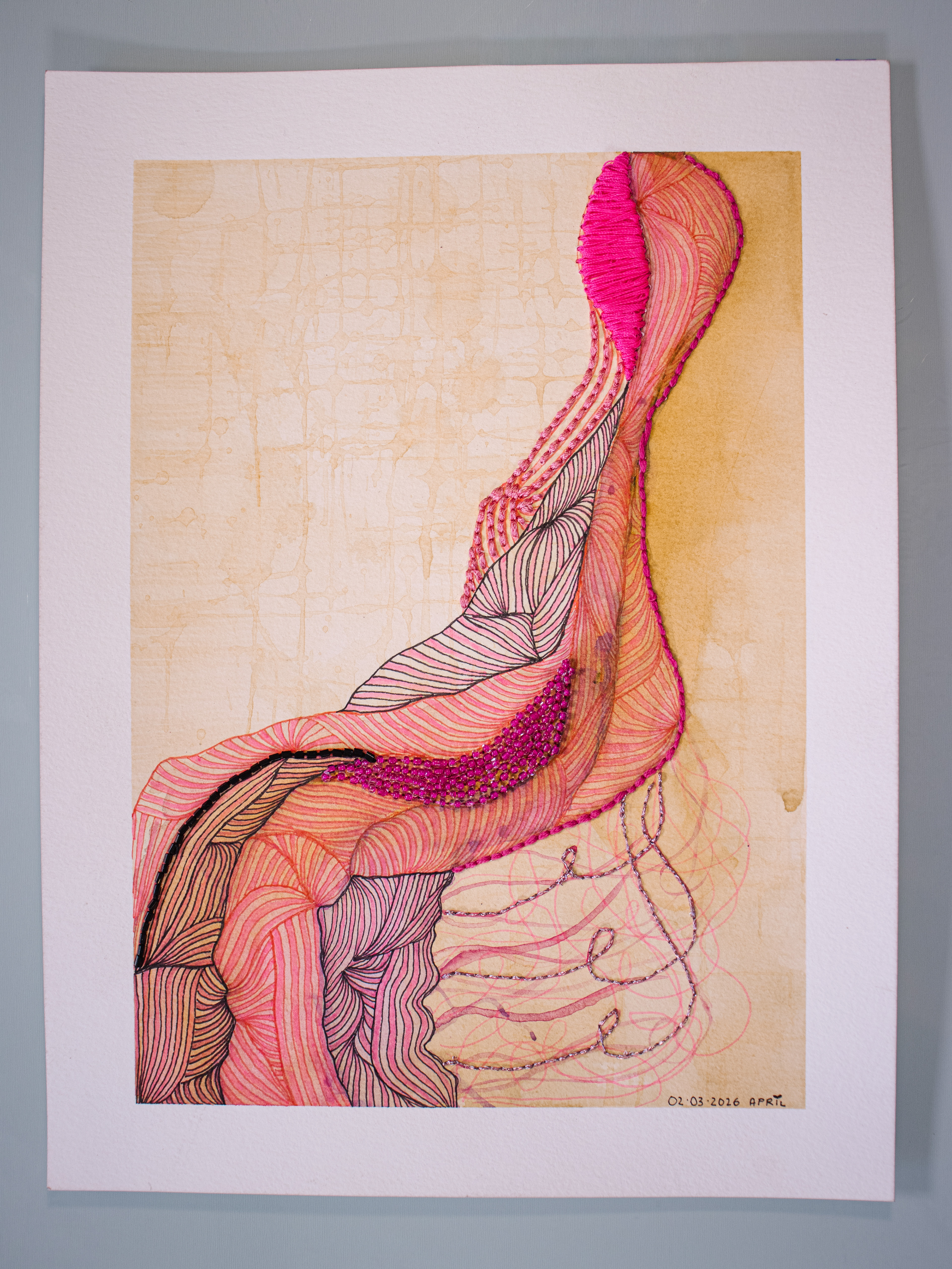Título: "Rebozo para Tlazoltéotl / Medidas: 22.9 x 30.5 cm / Soporte: papel 300 g / Técnica: mixta y bordado 