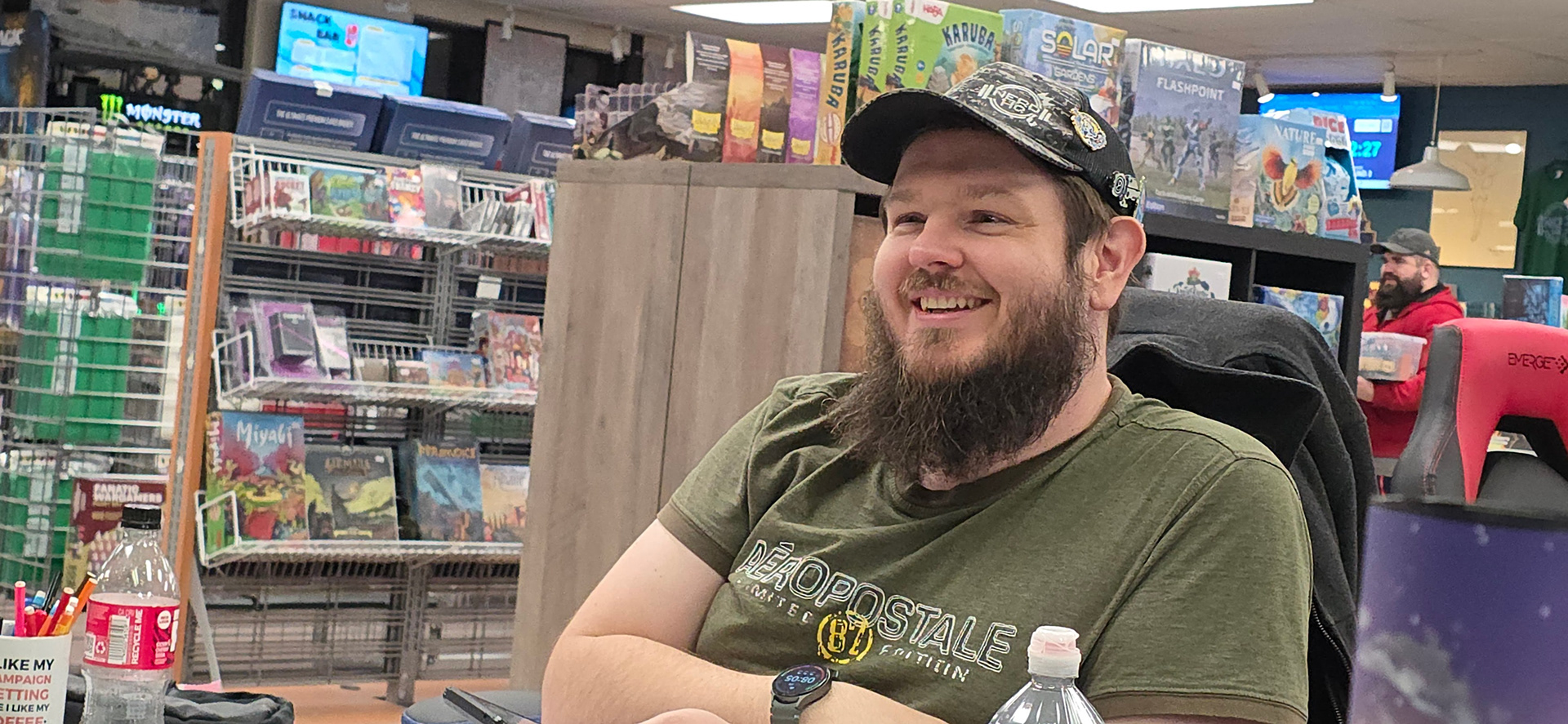 This is Allan, part owner of Nerd HQ, playing some Pathfinder. What a great candid. 