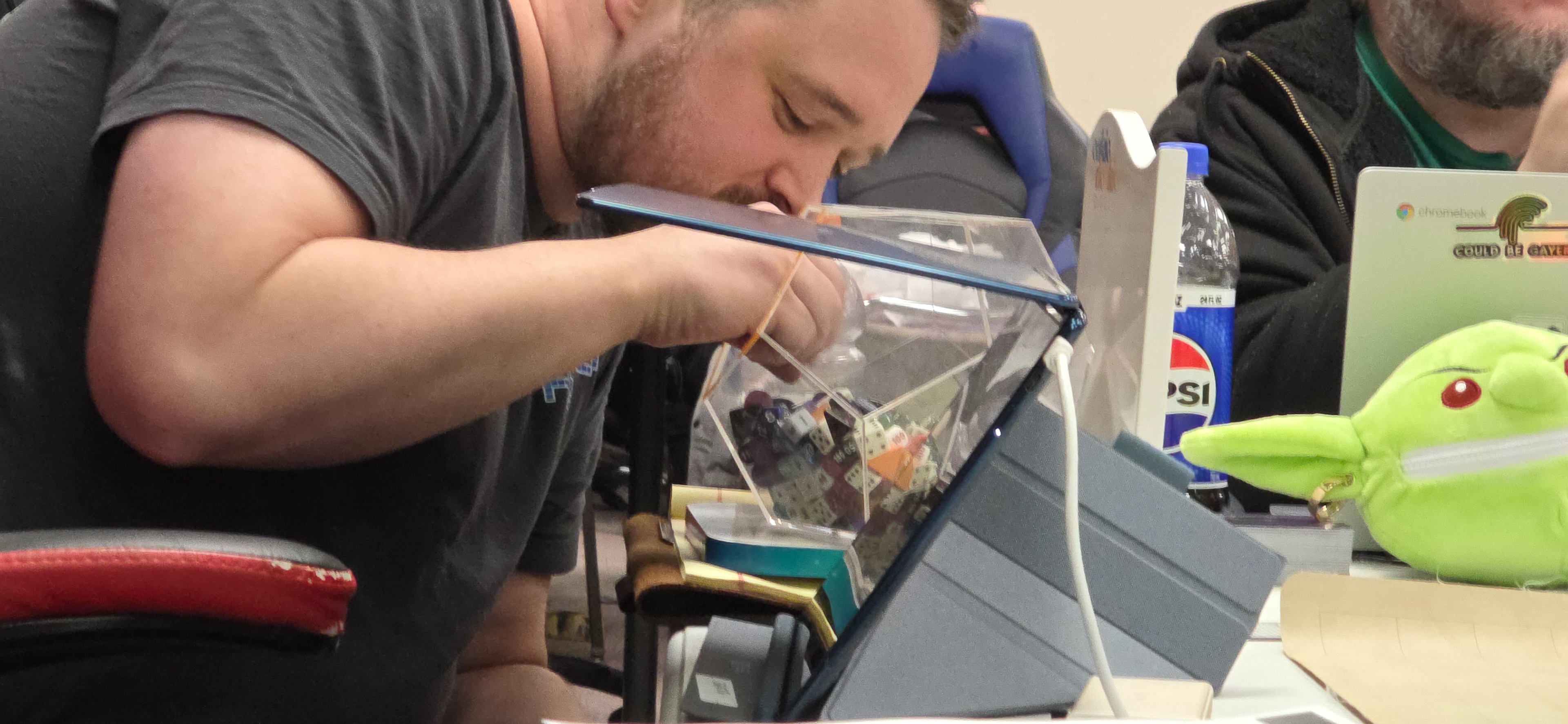 He has a bag full of dice, but he needs that 1 particular die. 