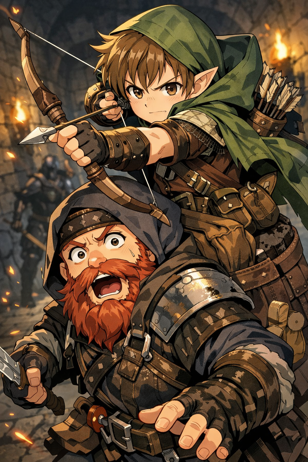 This is an AI representation of the time the halfling rogue wanted to hide in the dwarf's backpack during exploration. Then combat started, he nailed his stealth role, and on his turn, he popped out critted his attack roll, and the table went wild. Stories like this are why we play this game! 