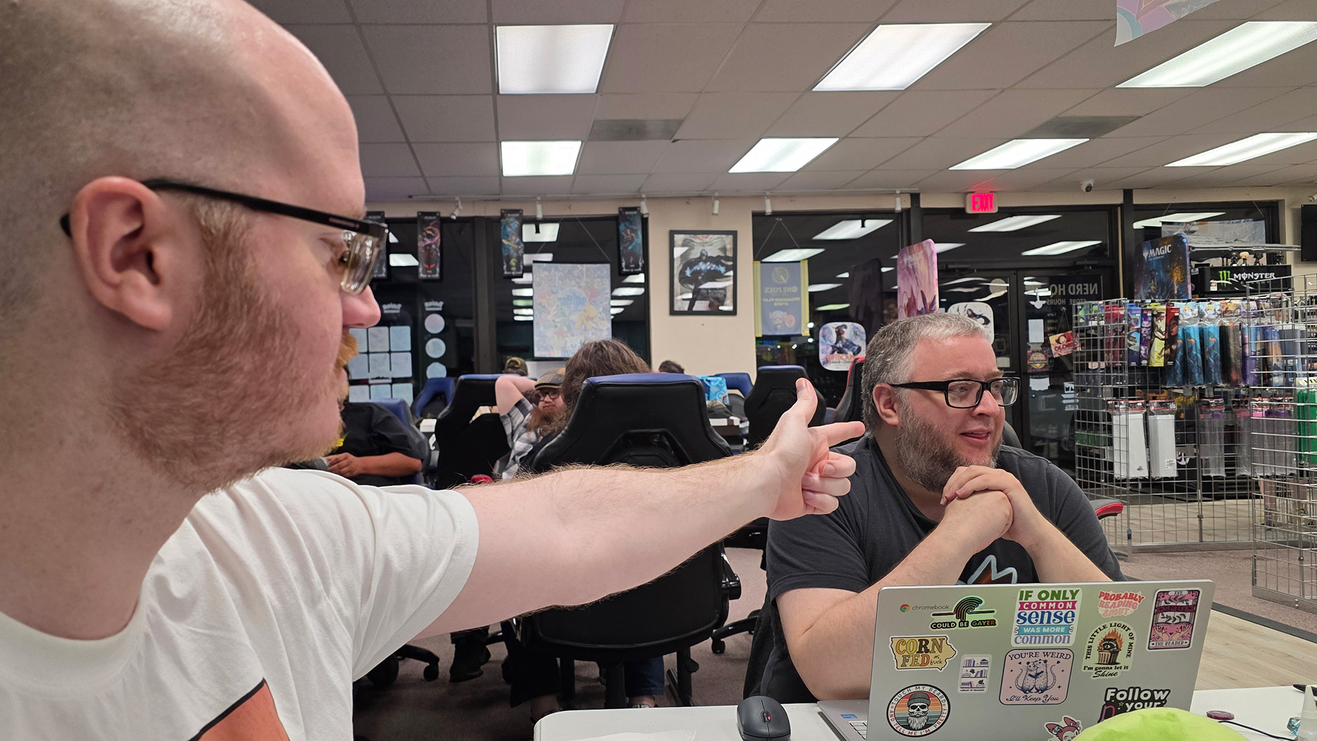 I don't remember what's going on here, but I do remember it was a Starfinder game, and Allan was the GM. 