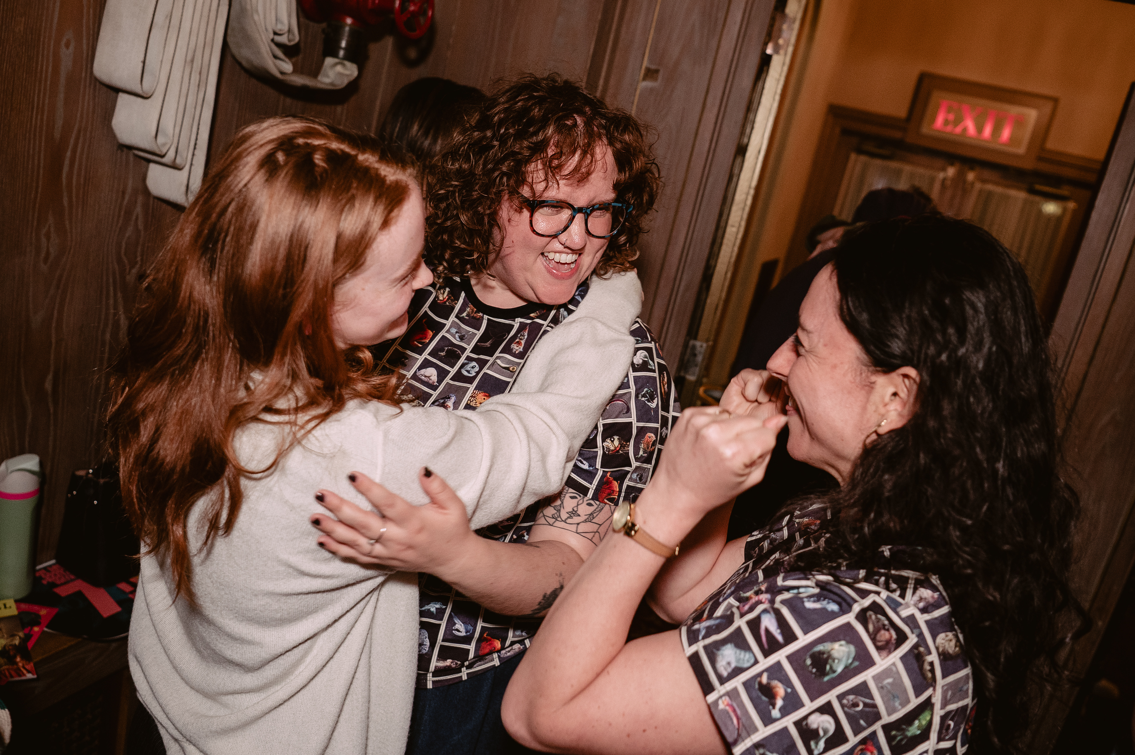 Kimberly Belflower, Sadie Sink, and Danya Taymor celebrating John Proctor is the Villain's Tony Award Nominations