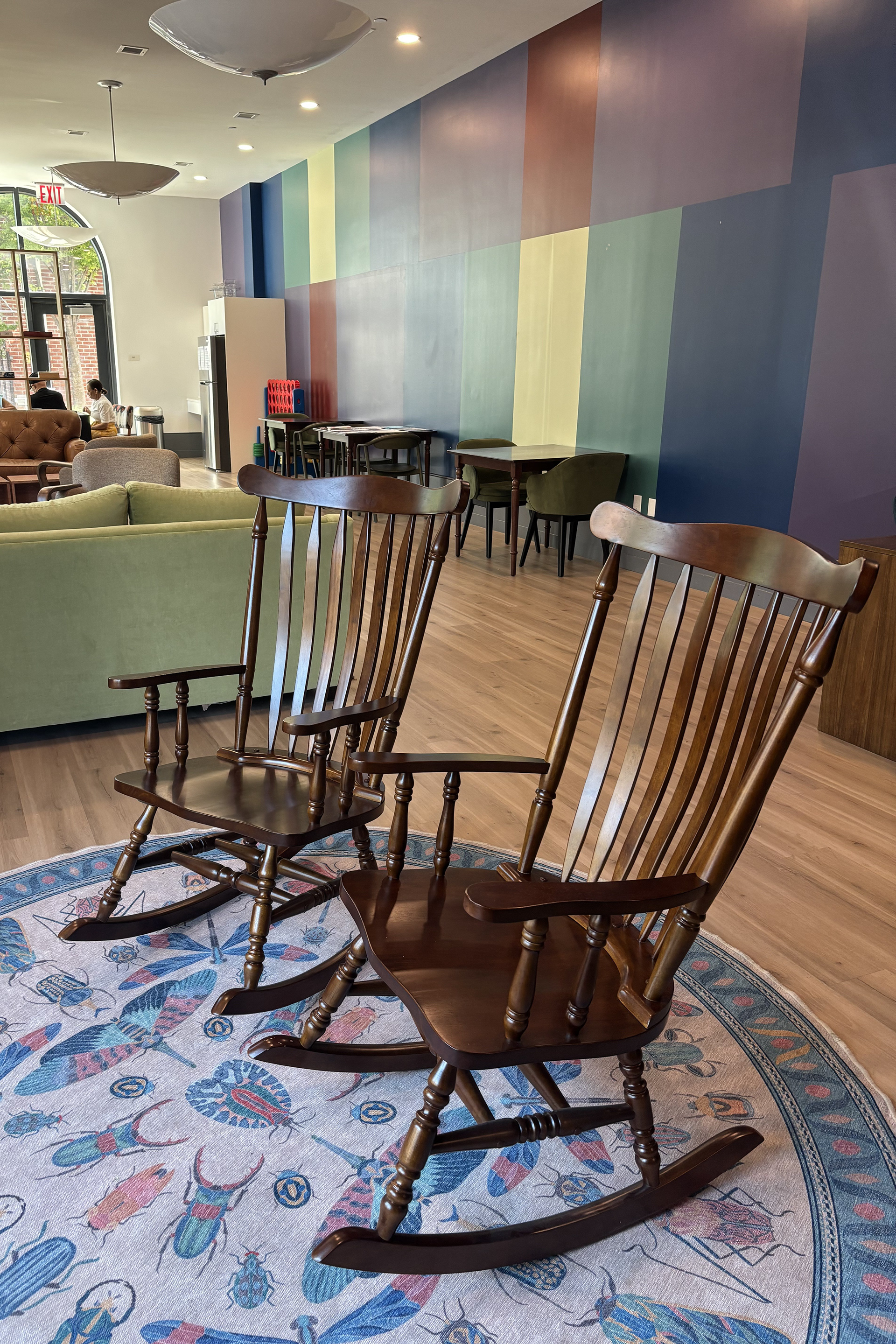 Rocking chairs in a community room