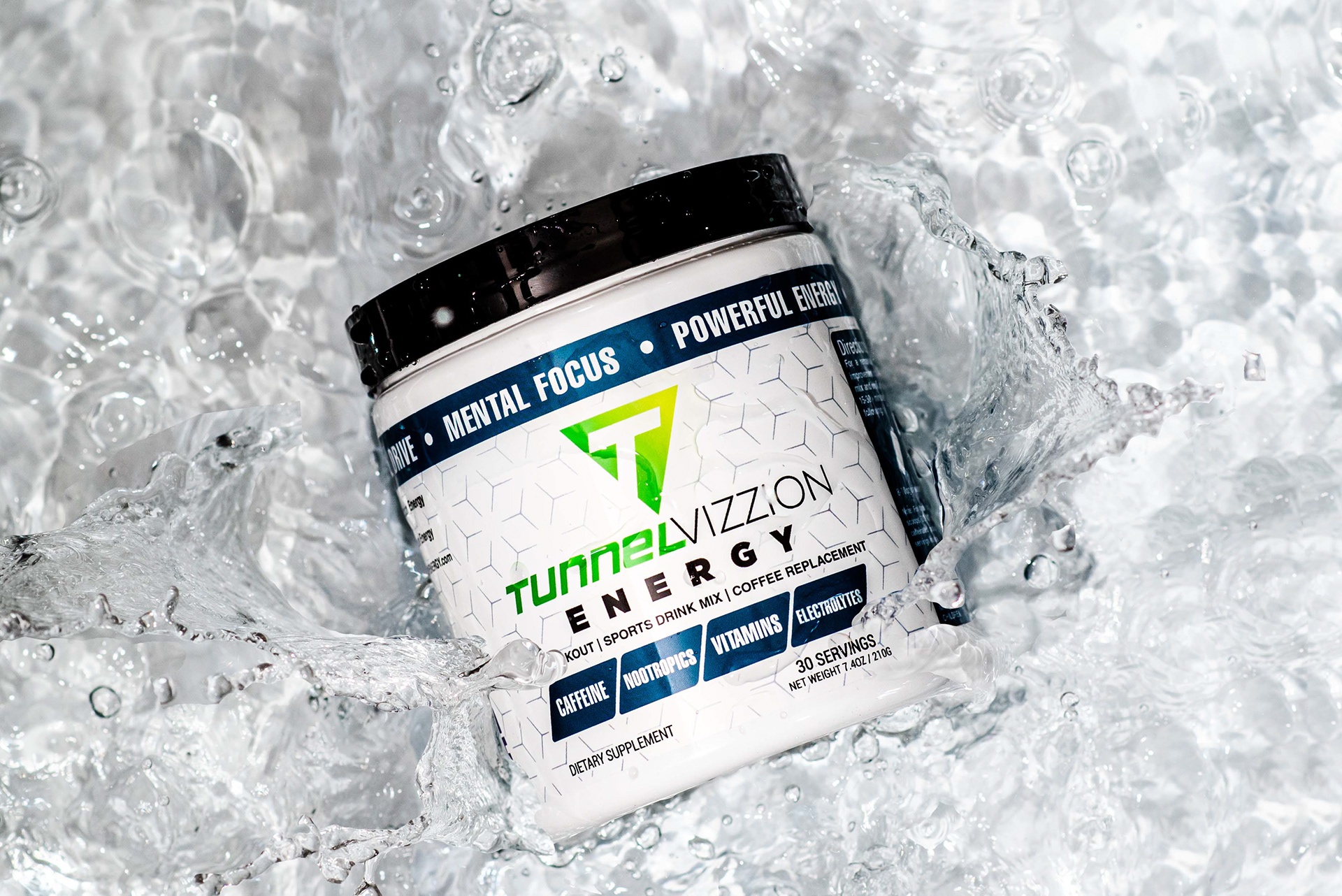 Can of Tunnel Vizzion Energy Powder dropping into water with splashes