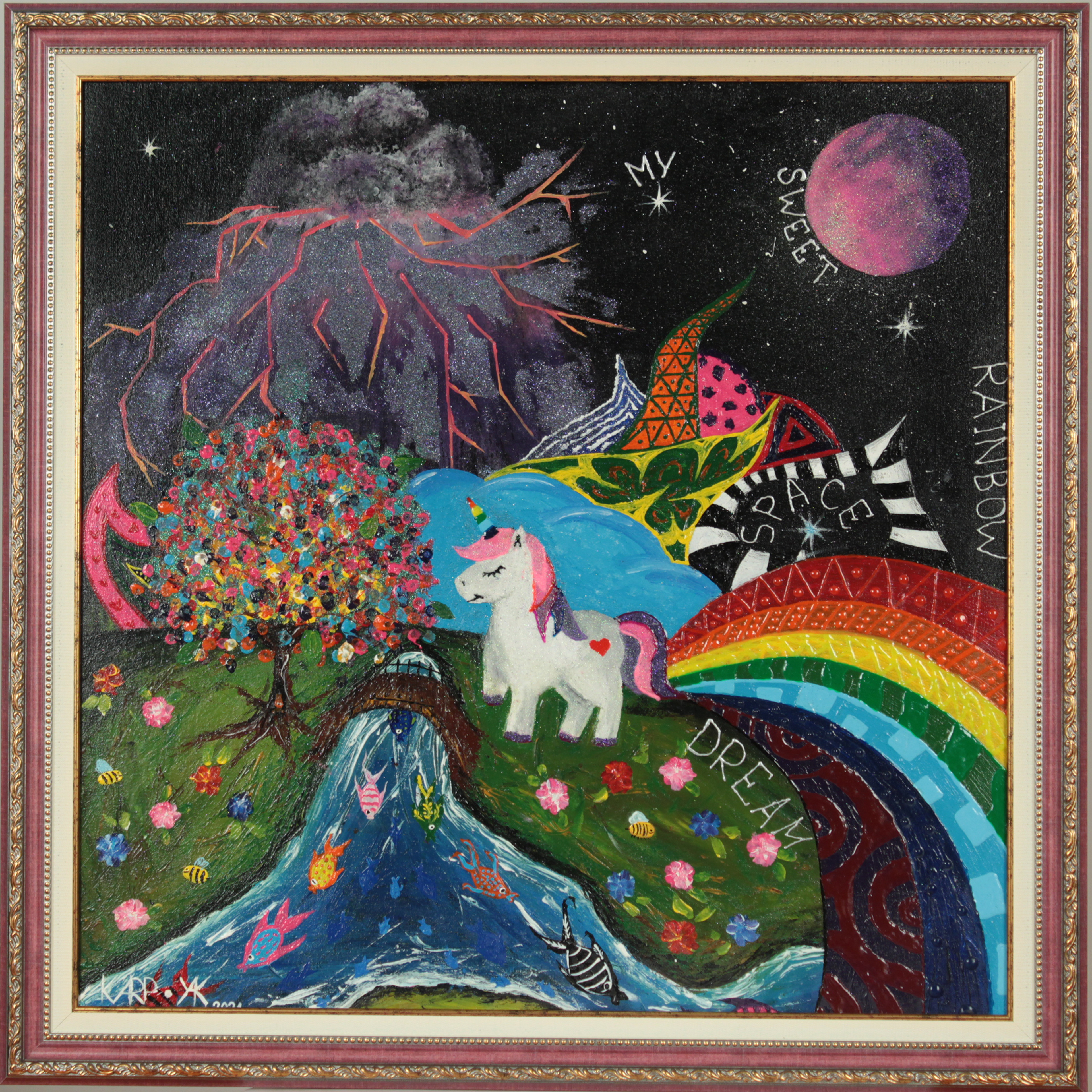 "MY SWEET RAINBOW SPACE DREAM" (2021); 70x70 cm (89x89 cm framed); acrylic, charcoal, canvas.  350$ SOLD