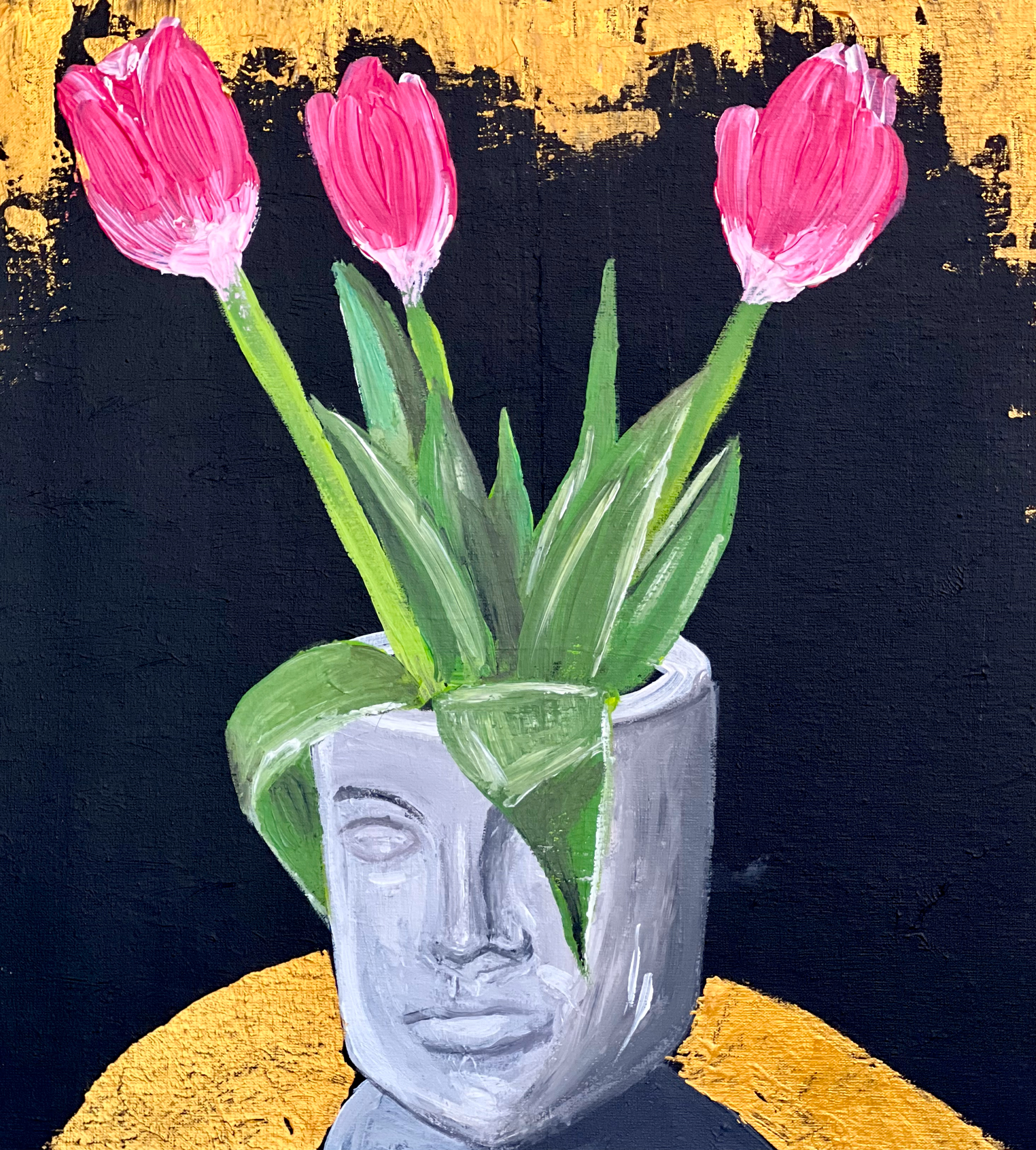PINK FLOWERS still life (2023); acrylics, canvas on cardboard; Not for sale