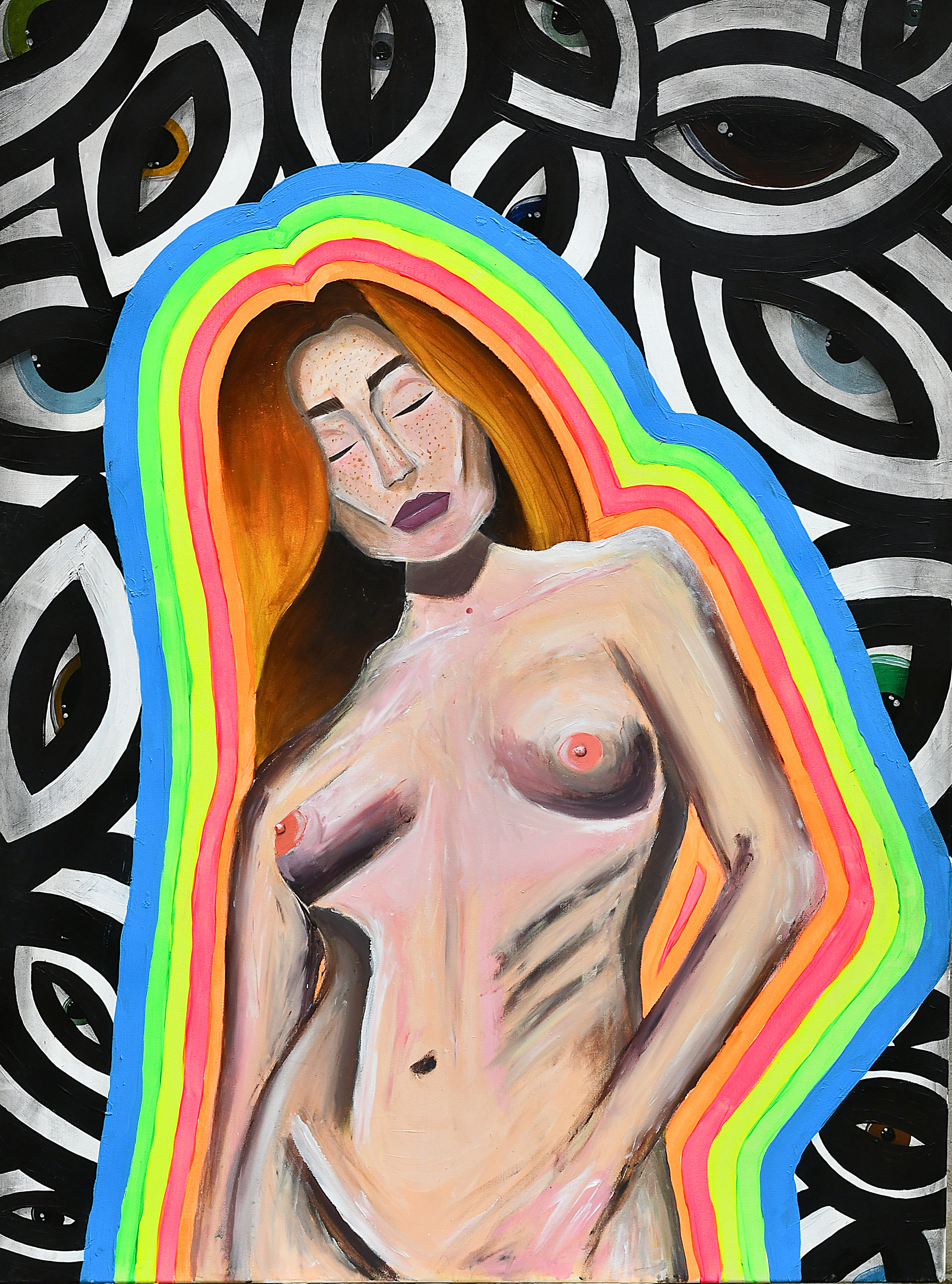 THE EYES AROUND ME (2023); acrylic, charcoal, pastel on canvas; 110x80 cm; NOT FOR SALE