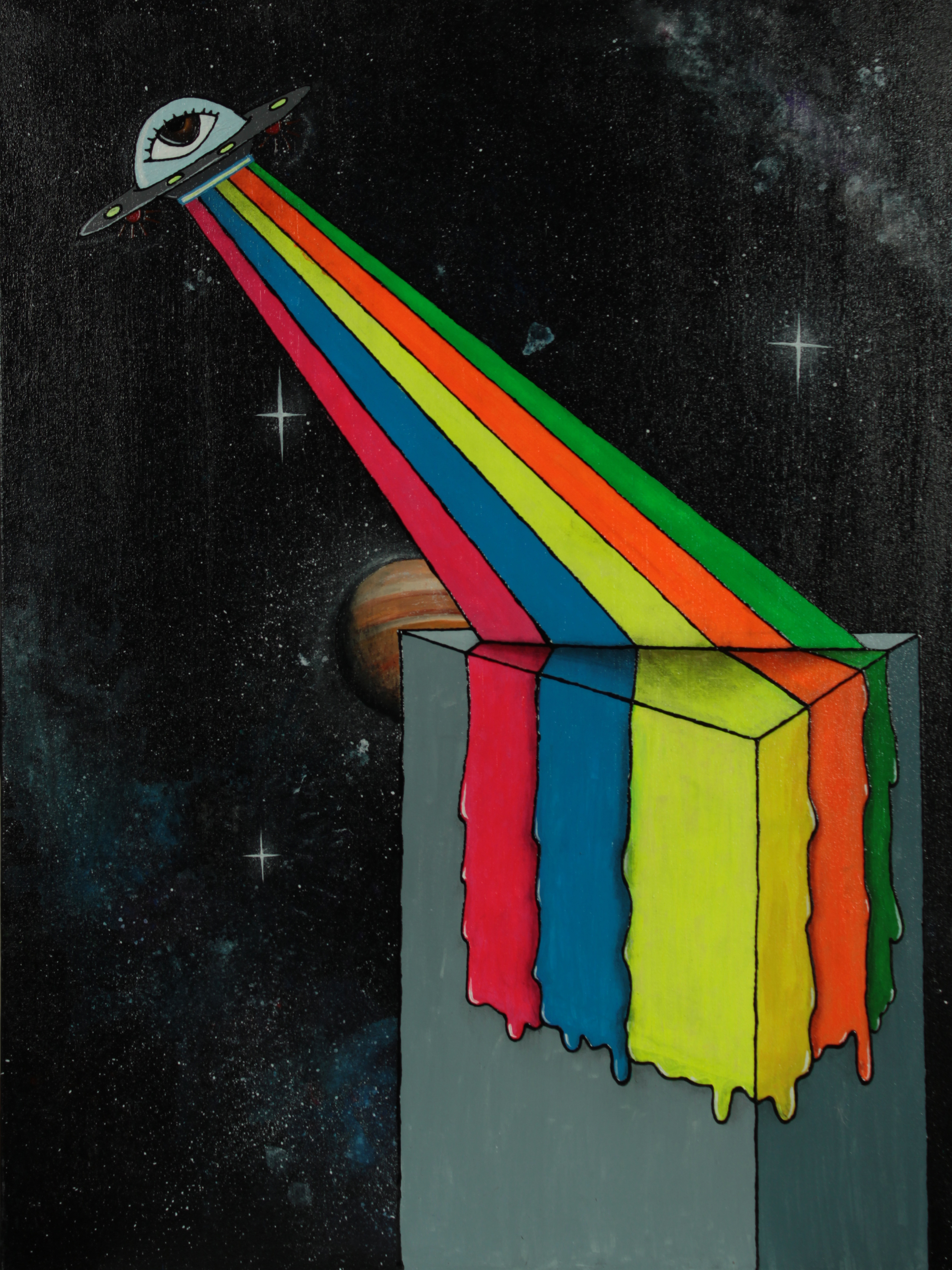 THE SPACESHIP (2023); acrylic, charcoal, pastel on canvas 80x60 cm; 