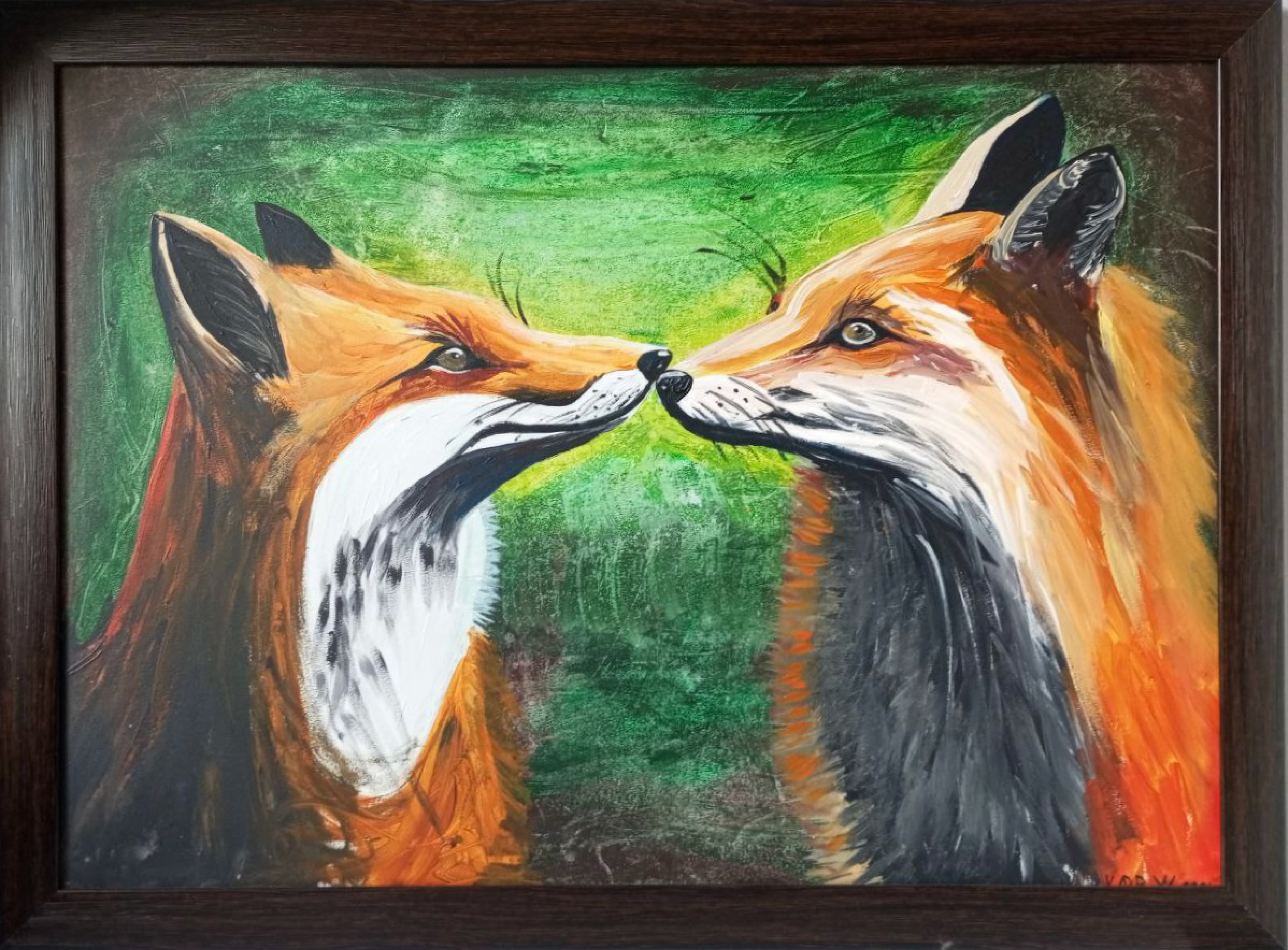 FOXES IN LOVE (2024); acrylic, charcoal, canvas. SOLD