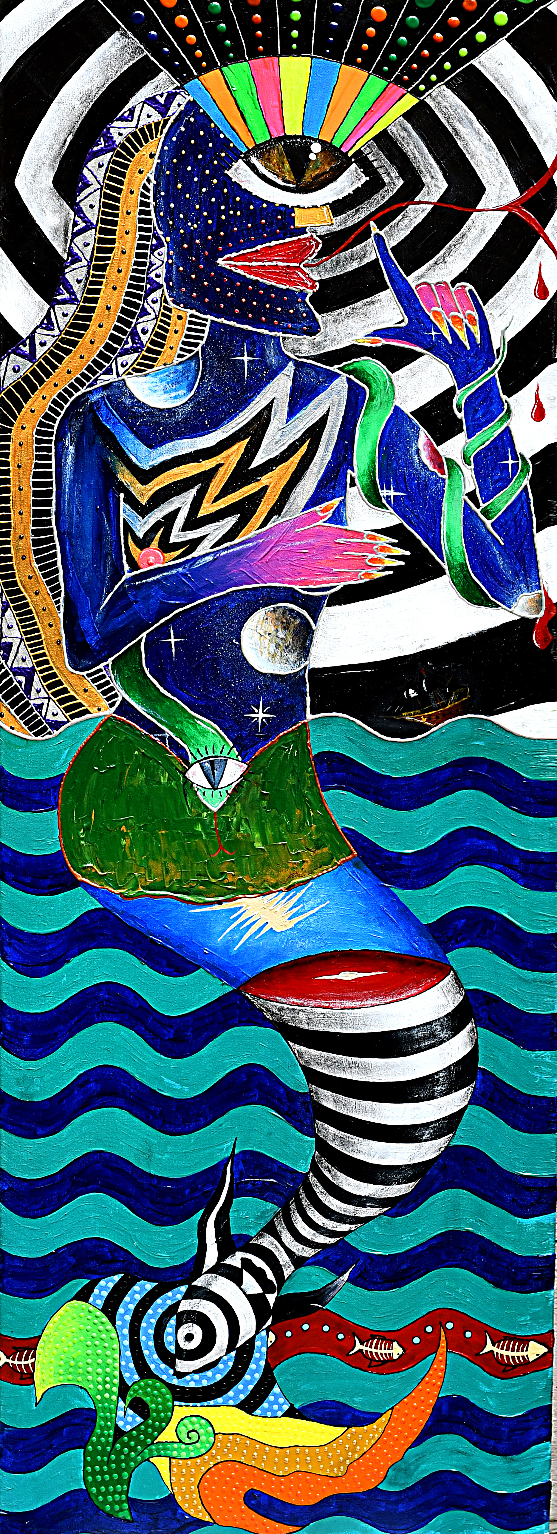 THE MERMAID (2023); acrylic, charcoal, pastel on canvas 140х50 cm; NOT FOR SALE