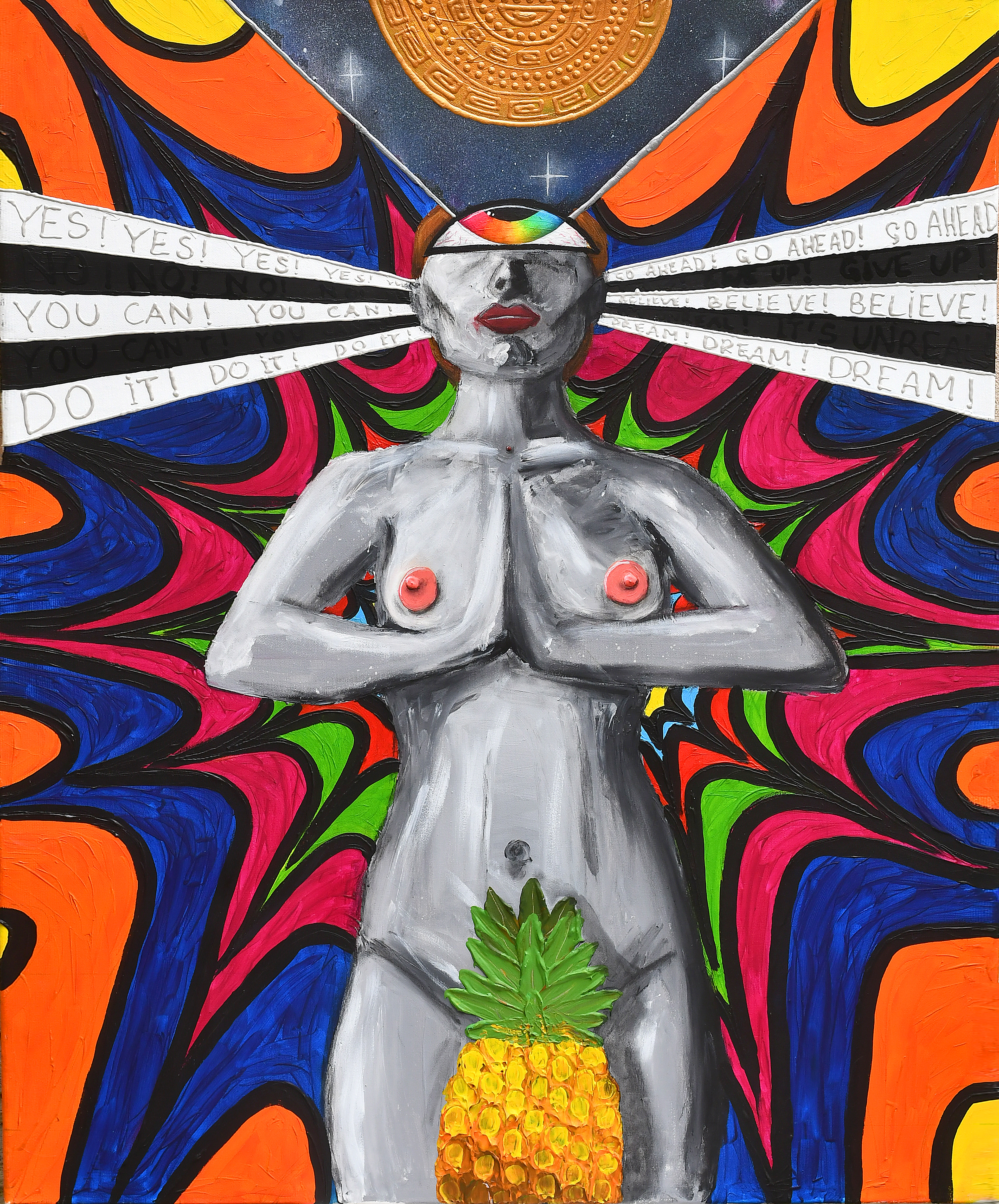THE DREAMER (2023); acrylic, charcoal, pastel, pencils on canvas; 100x80 cm; 530$