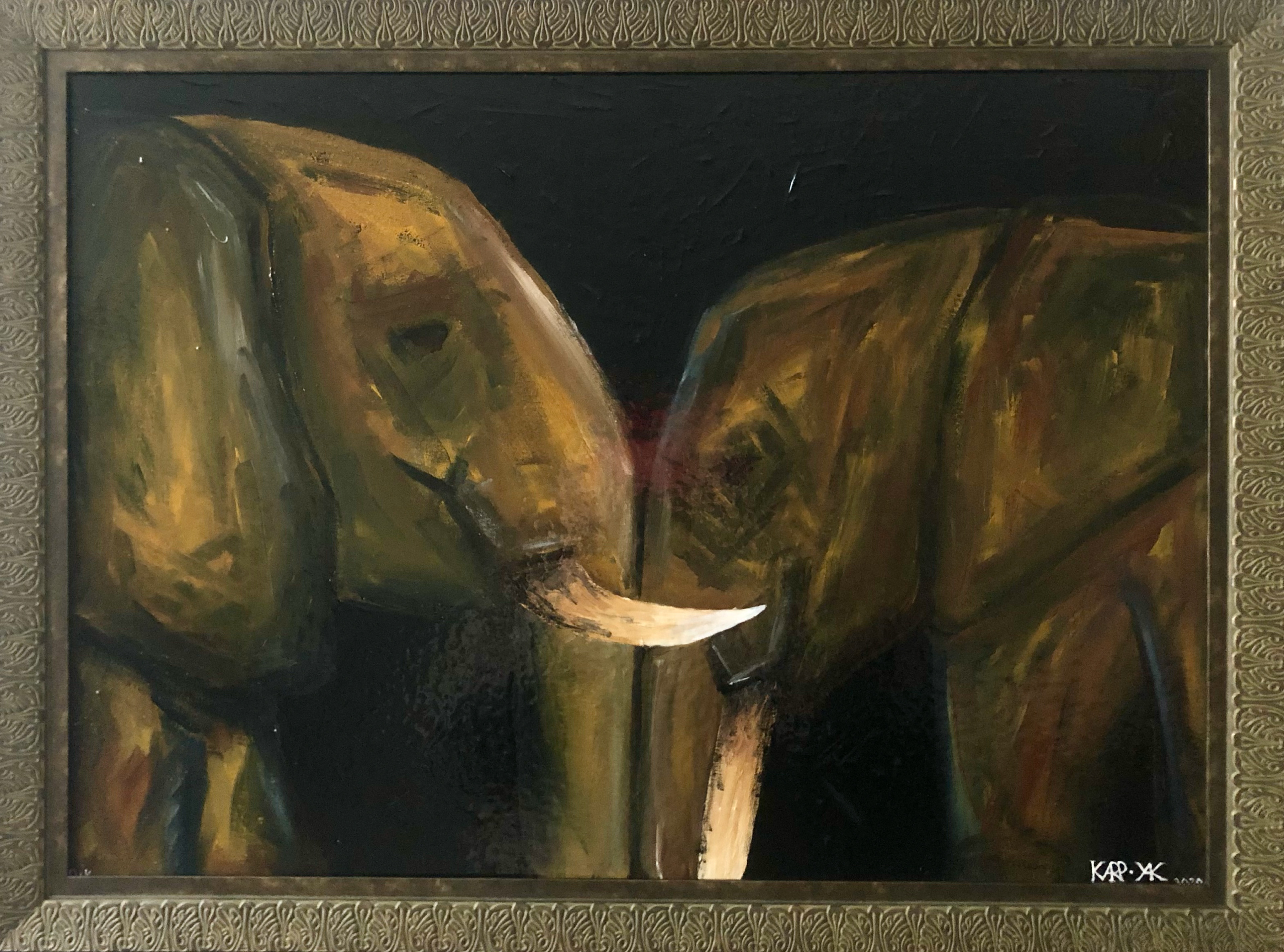 ELEPHANTS IN LOVE (2020); acrylics, epoxy resin, canvas; 250$
