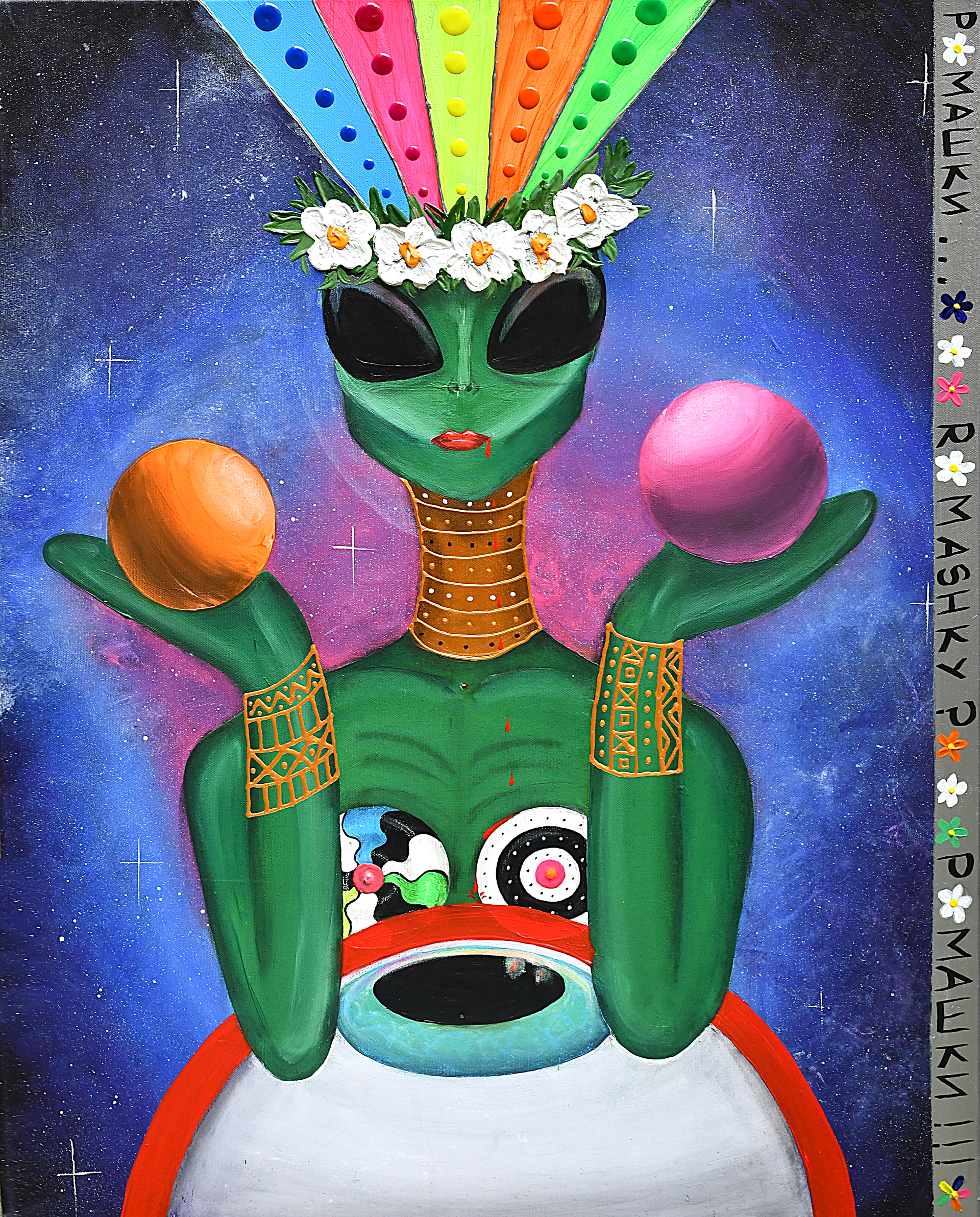 SPACE CAMOMILES (2023); acrylic, acrylic markers, charcoal, pastel on canvas 90x70 cm; 