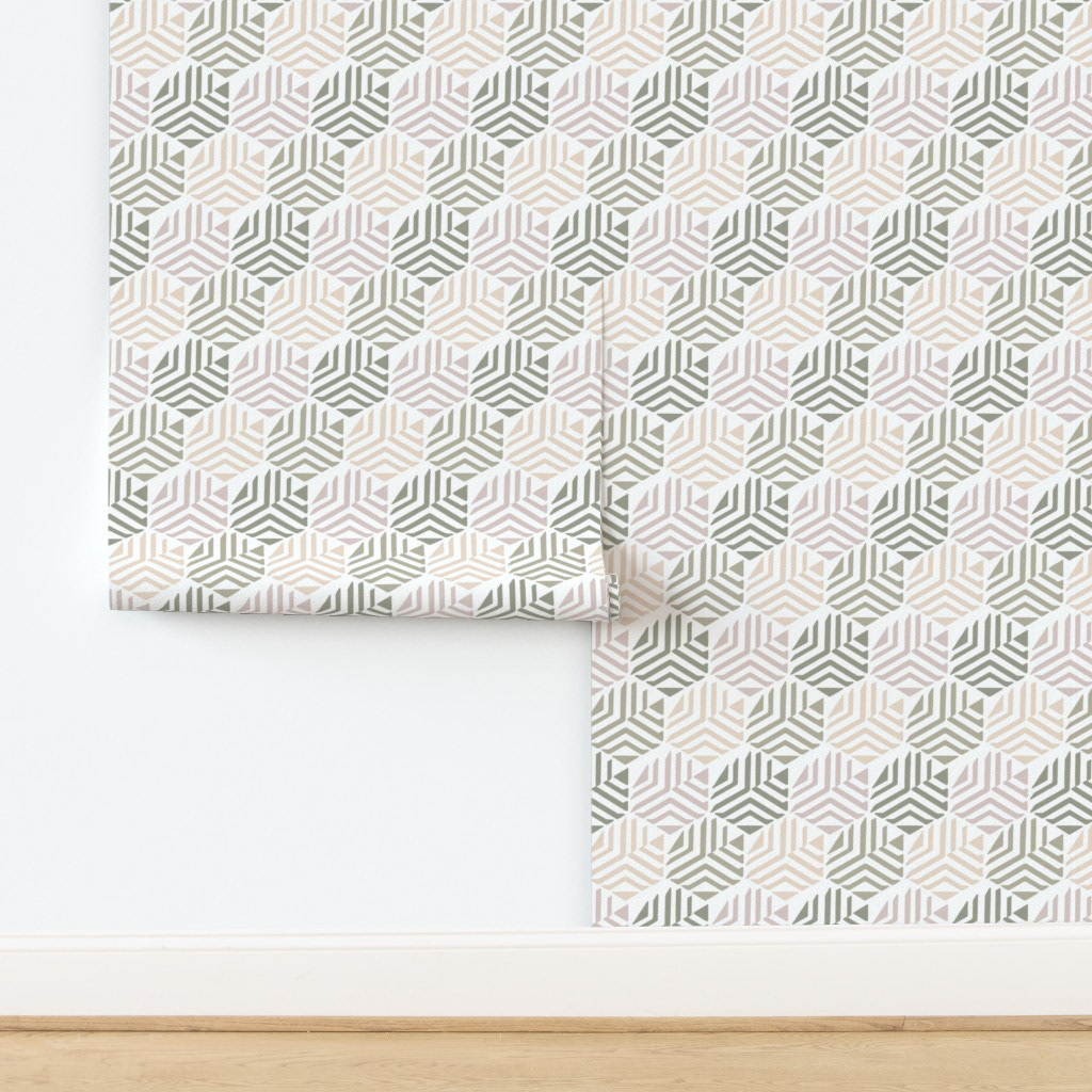 An abstract geometric pattern with softened angles and a muted palette, echoing vintage modernist design. Its rhythmic composition adds visual interest while remaining versatile and elegant.
