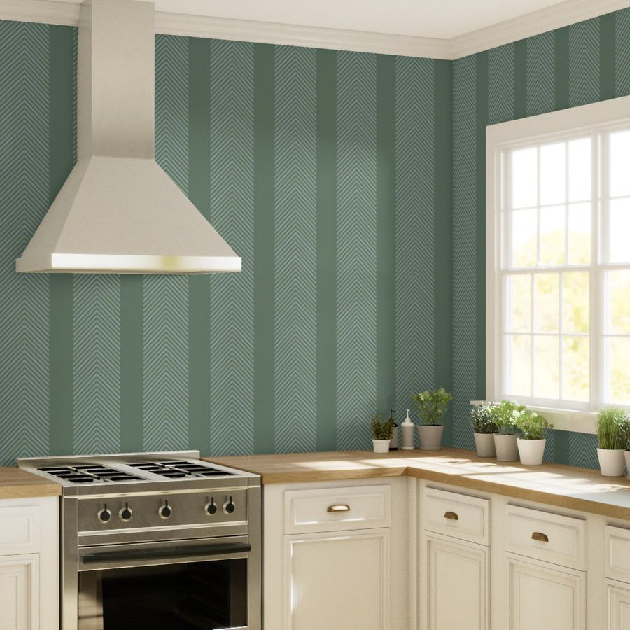 A vertical striped pattern featuring a subtle herringbone texture that evokes the rhythmic movement of waves hitting the shore. A soothing geometric structure in sage green.