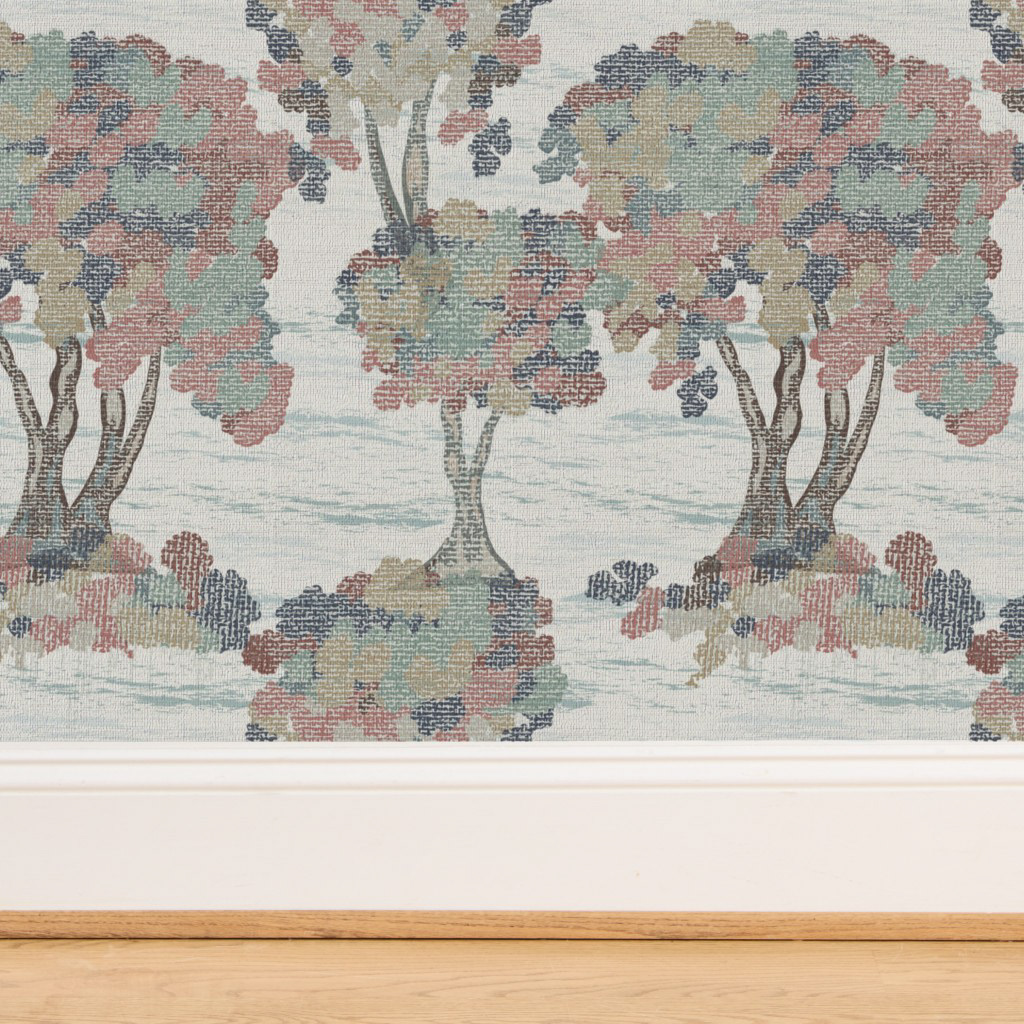 The Sylvan Echo :  This pattern features a stylized forest where each tree appears to be finely woven directly into the canvas. The horizontal bands and cross-hatch textures create a vibrant depth, evoking a light mist settling between the trunks. It is a soothing and sophisticated complement that echoes the graphic details of the hero print, Flora Obscura.