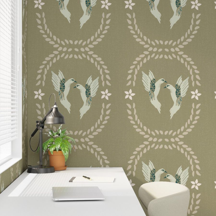 Delicate bird duos nestled within laurel wreaths. This symmetrical pattern on a sage background brings a peaceful and serene atmosphere to any space.