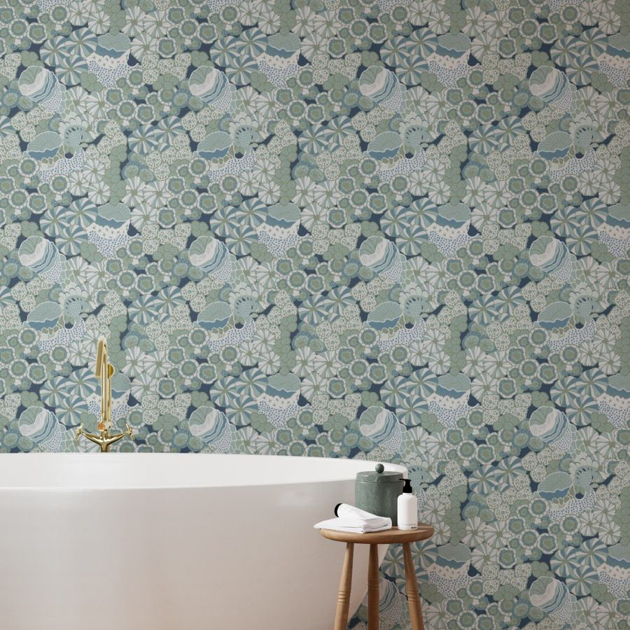 A dense, organic composition of abstract underwater shapes, evoking the richness of a coral reef. Shades of navy, sage, and cream intertwine to create a captivating and deep visual texture.