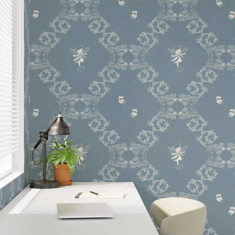 This revisited damask-style pattern features the tiny fairy at the heart of delicate leafy scrolls. Against a deep, textured blue background, this design offers timeless and cozy elegance, transforming any study or rest area into an inspiring sanctuary.