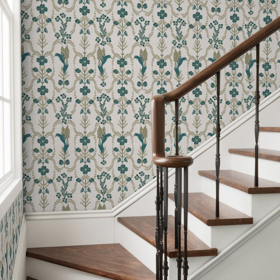 An ornamental, vertical pattern featuring stylized hummingbirds and wildflowers. This design captures the essence of a classic garden with a touch of majesty.