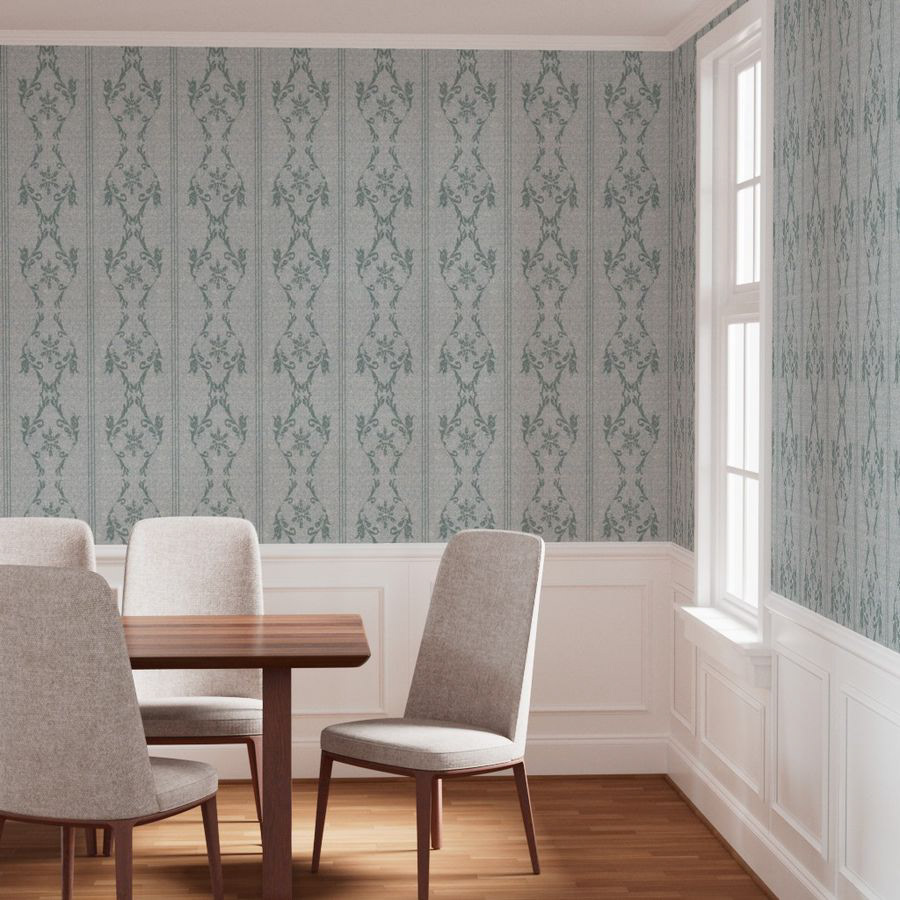 Simplified ogee pattern reminiscent of damask, tone-on-tone, to create a subtle visual link