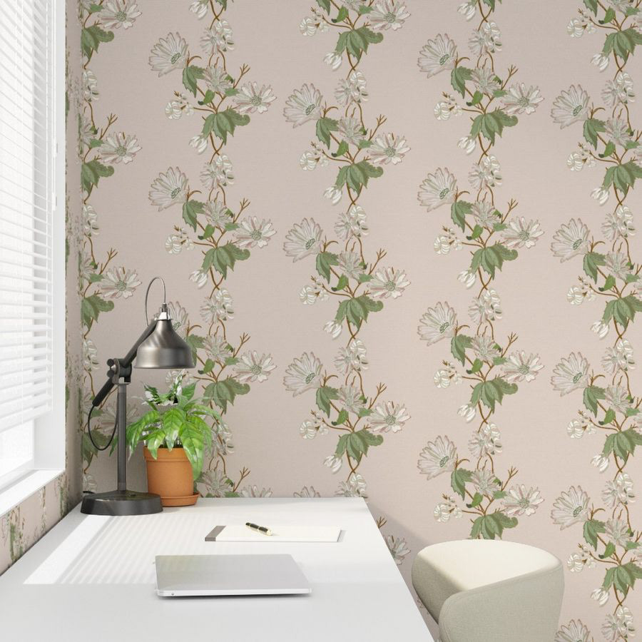 Graceful floral vines unfold vertically across the surface, recalling hand-painted wallpapers of the past. The light background and soft tones bring a refined, romantic charm to any interior.