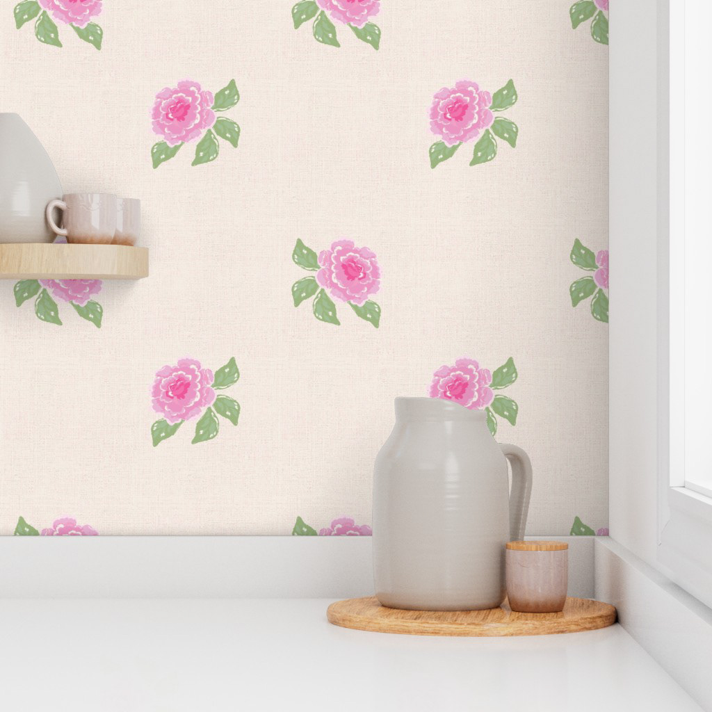 This romantic floral pattern focuses on the lush beauty of pink peonies and delicate foliage. The flowers appear to float gracefully, creating a soft, spring-like atmosphere that invites daydreaming.