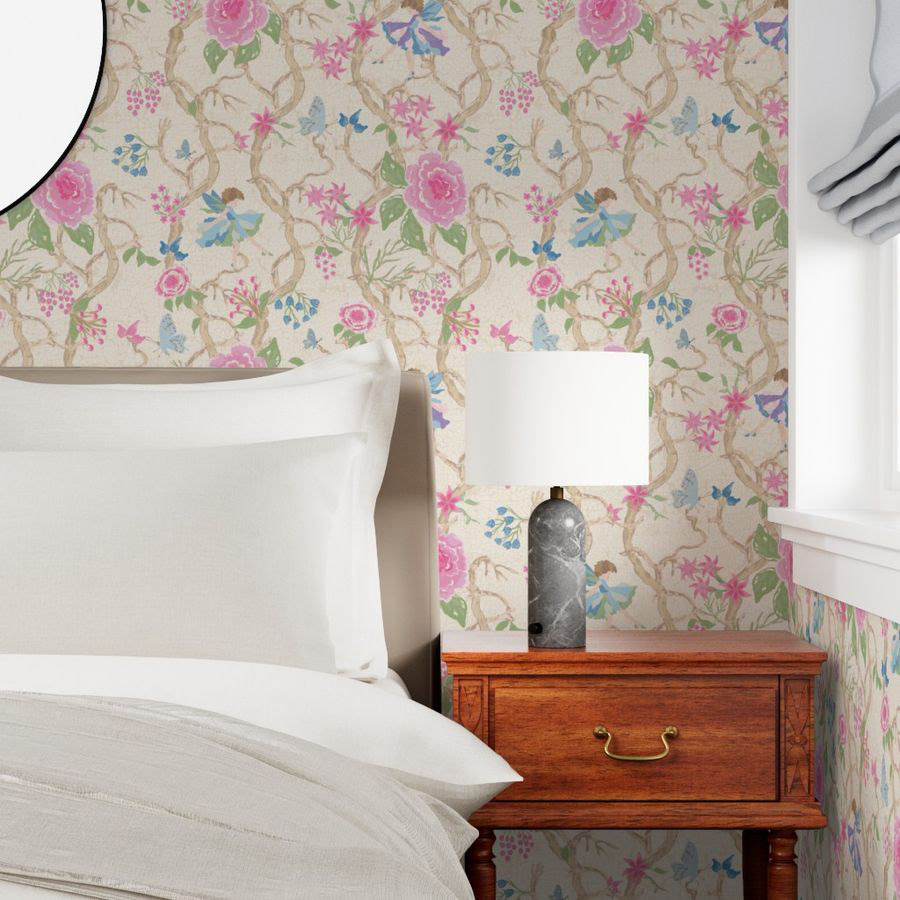 This enchanting pattern features a tiny fairy with azure wings dancing in the heart of lush nature. Amidst gnarled branches, vibrant peonies, and clusters of sweet berries, the delicately cracked background evokes the pages of a forgotten vintage storybook. A perfect hero print to create a magical and soothing atmosphere.