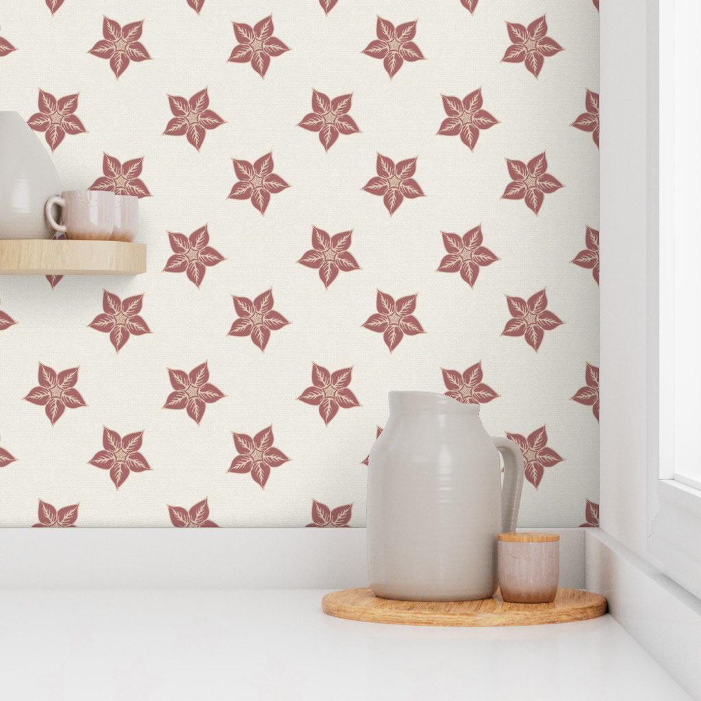 Sienna Sparks: Delicate and rhythmic, this floral sprig pattern punctuates the space with warm touches. Its stylized corollas, in terracotta hues, appear to float upon a light linen weave, offering a perfect balance between the precision of a repeating pattern and the softness of an autumn garden.