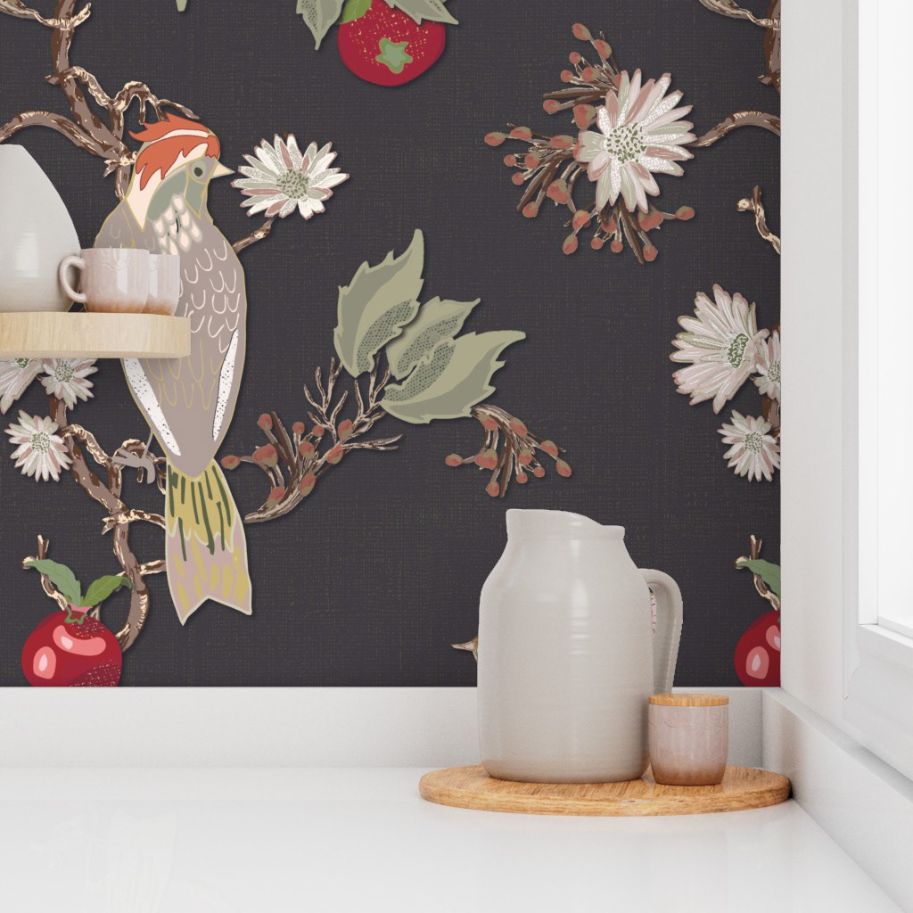 A richly detailed pattern featuring birds, blossoms, and fruiting branches, inspired by antique illustrations and traditional tapestries. Its dark ground and intricate composition create a sense of depth and understated drama.