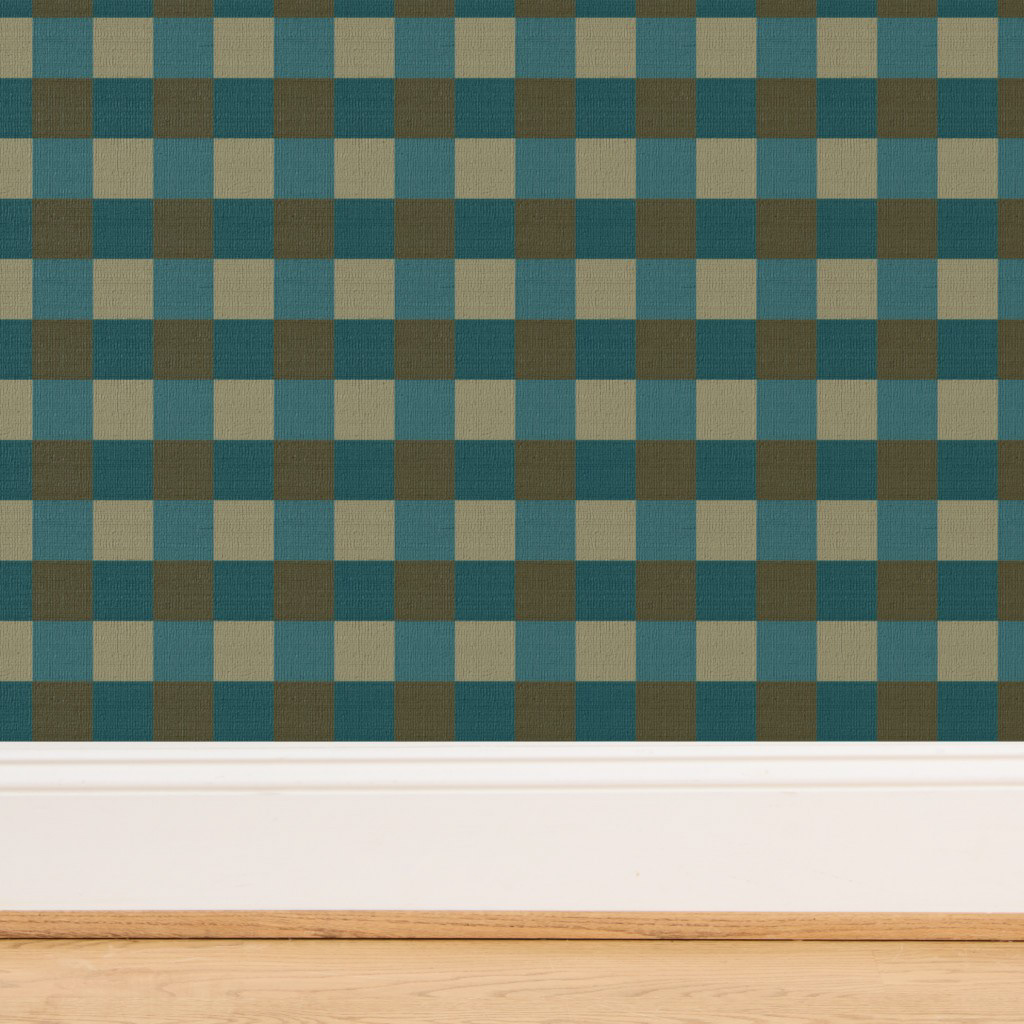 A timeless checkerboard combining teal and olive green. A traditional geometric pattern that brings character and a comforting feel.