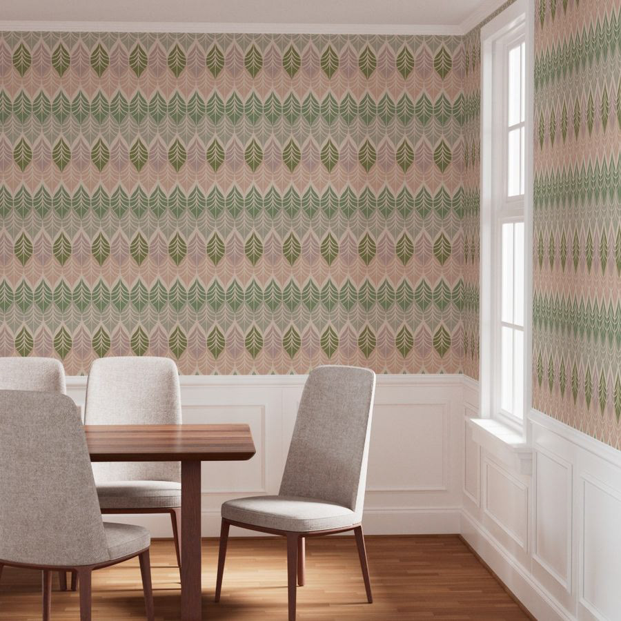 A stylized leaf motif arranged in elegant vertical repeats, drawing inspiration from early 20th-century decorative design. The harmonious color transitions add movement while maintaining a calm, architectural balance.