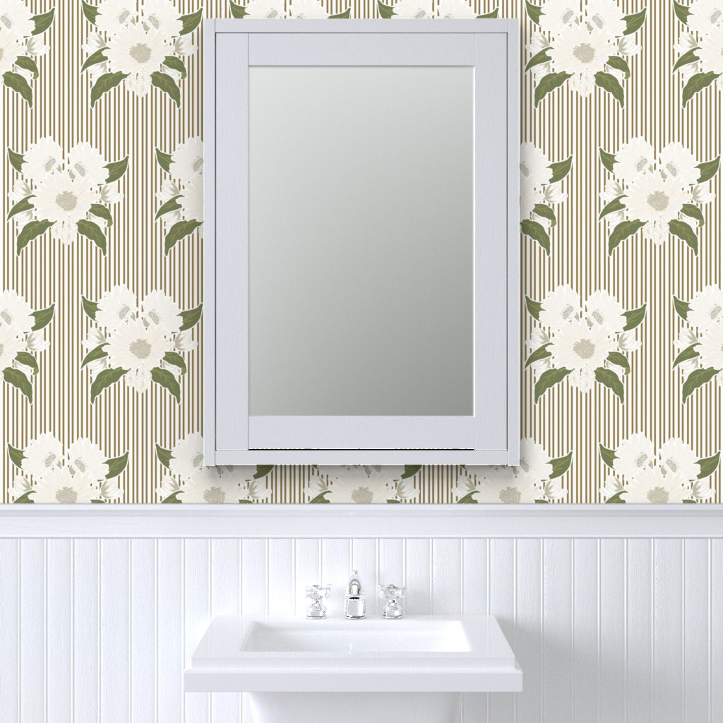 Large, delicate blossoms layered over fine vertical stripes create a striking contrast between structure and softness. This design offers a timeless statement, ideal for adding refined character to classic or modern spaces.