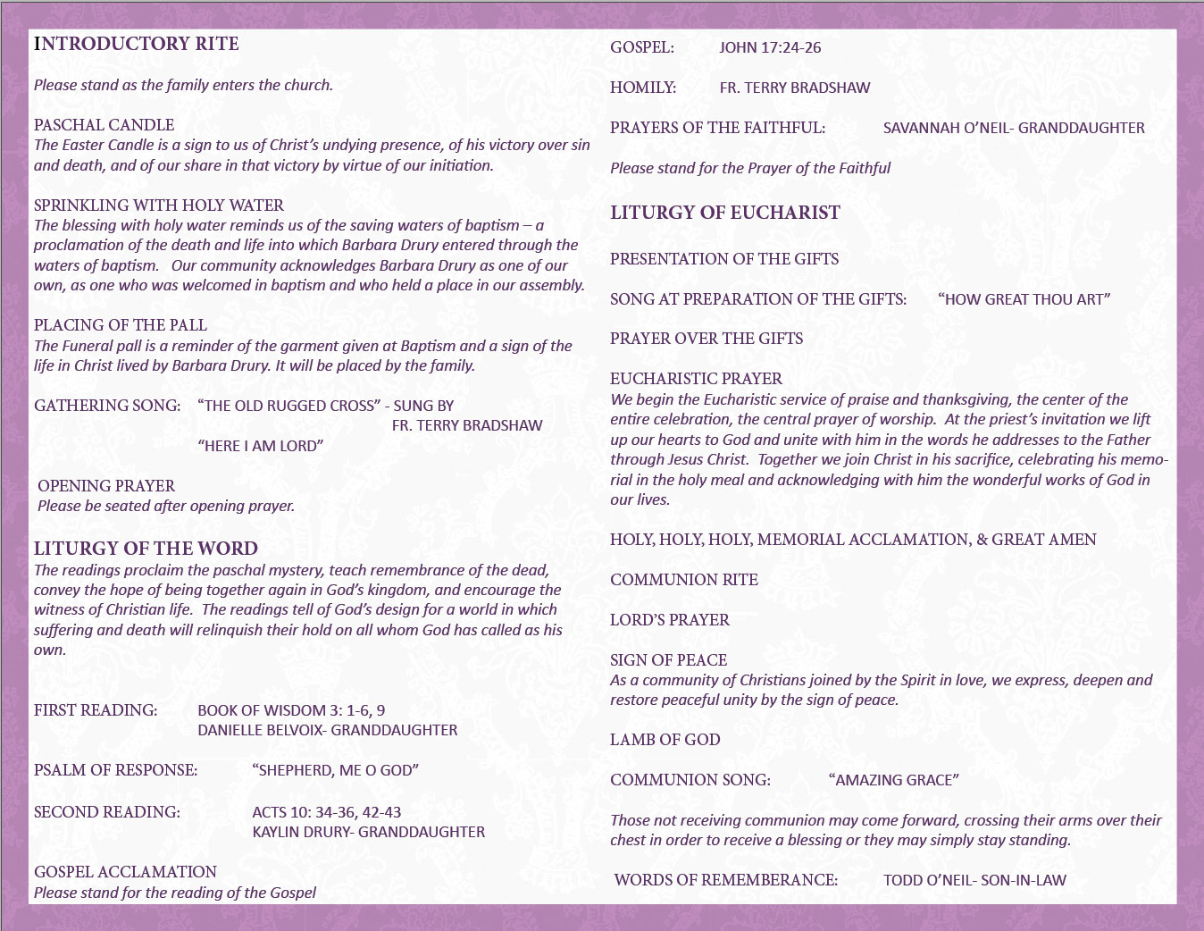 Program for the funeral service of Barbara Drury (inside)