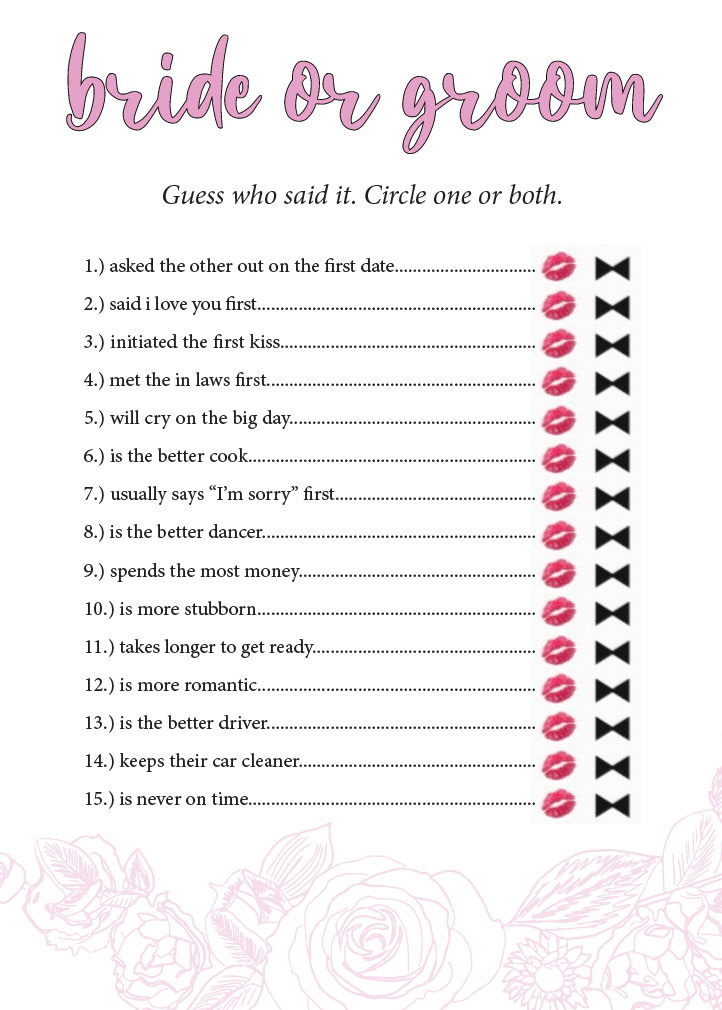Bride or Groom Game for Bridal Shower