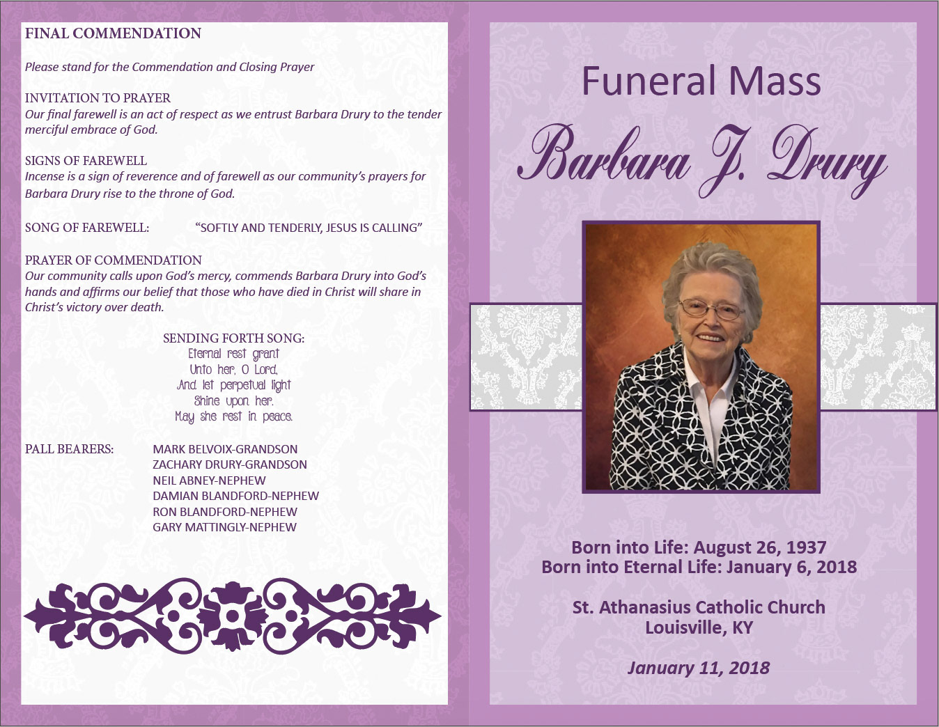 Program for the funeral service of Barbara Drury (outside)