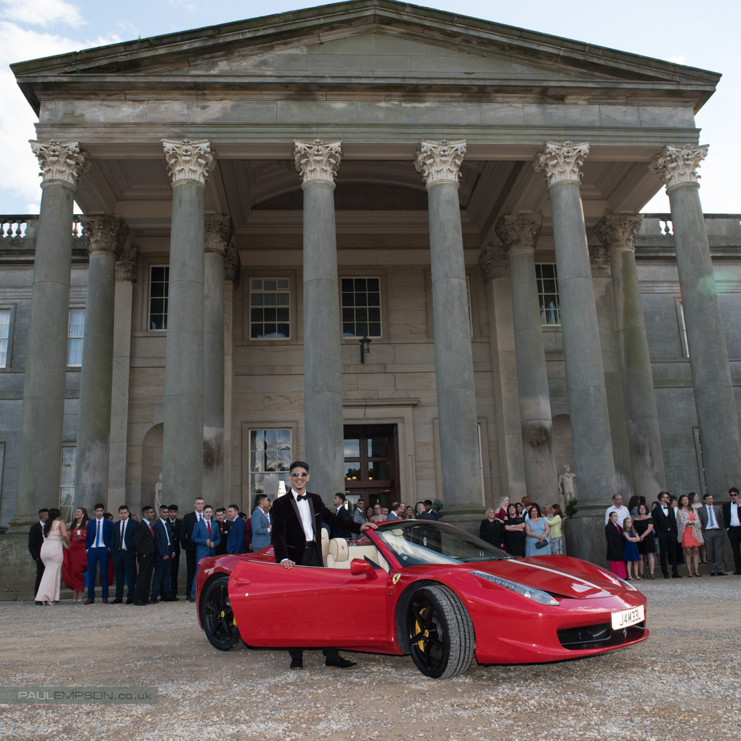 Wynyard Hall school prom arrival photo in Ferrari