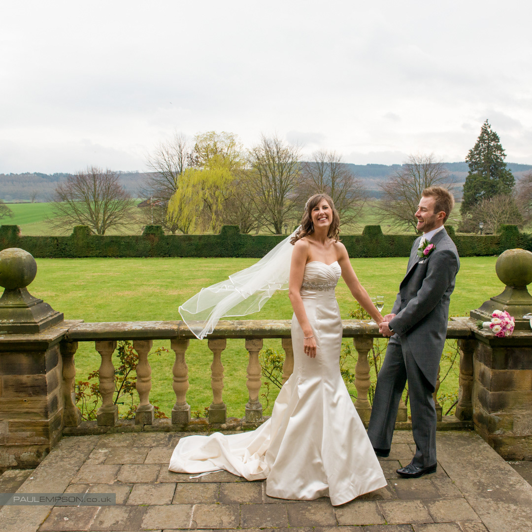 Gisborough Hall wedding bride & groom laughing & smiling in the grounds