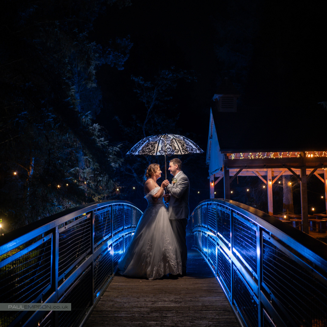 Hackness Grange Wedding bride & groom on the bridge at night