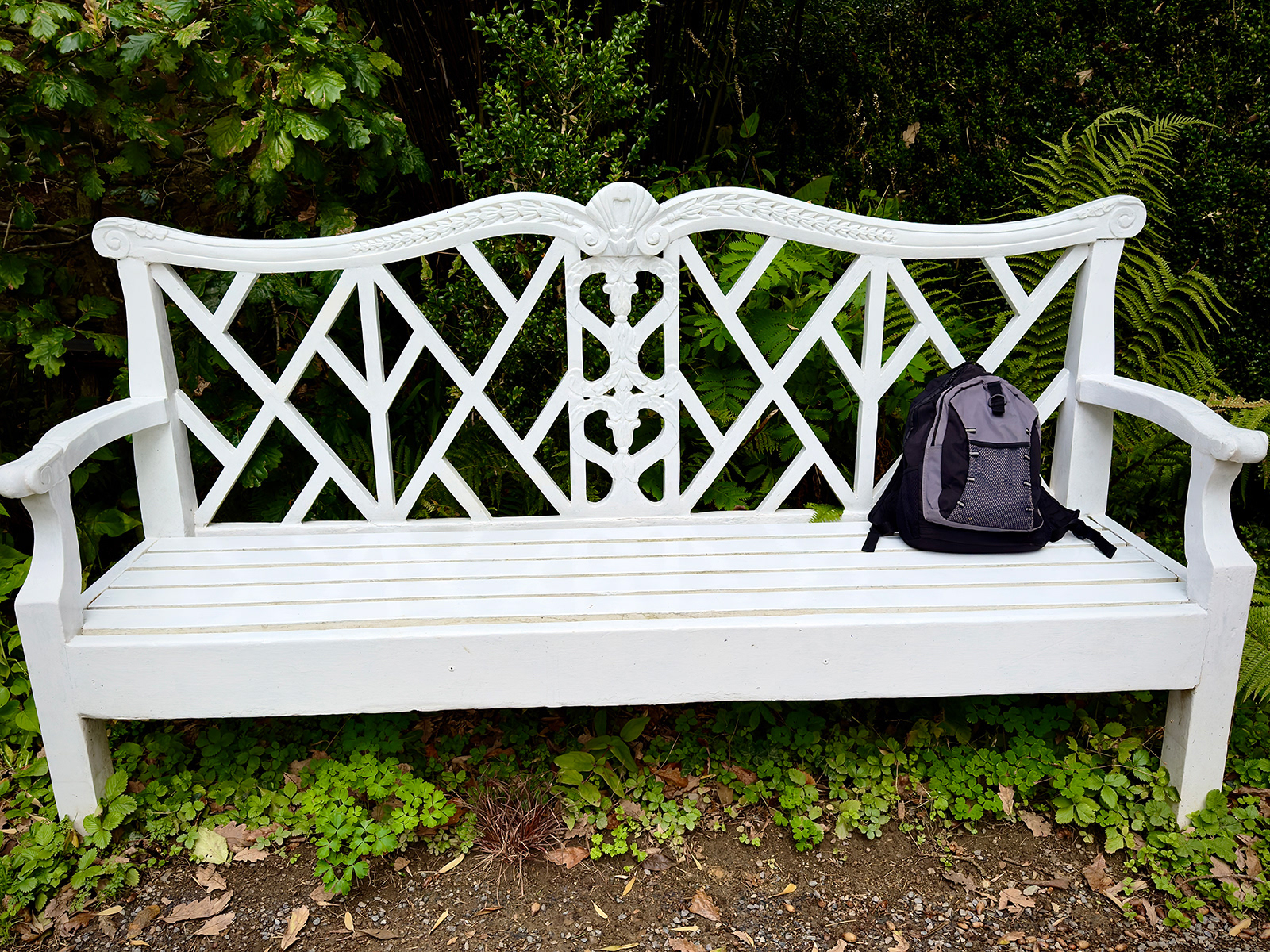 "White Bench with Black Bag" by David Hough