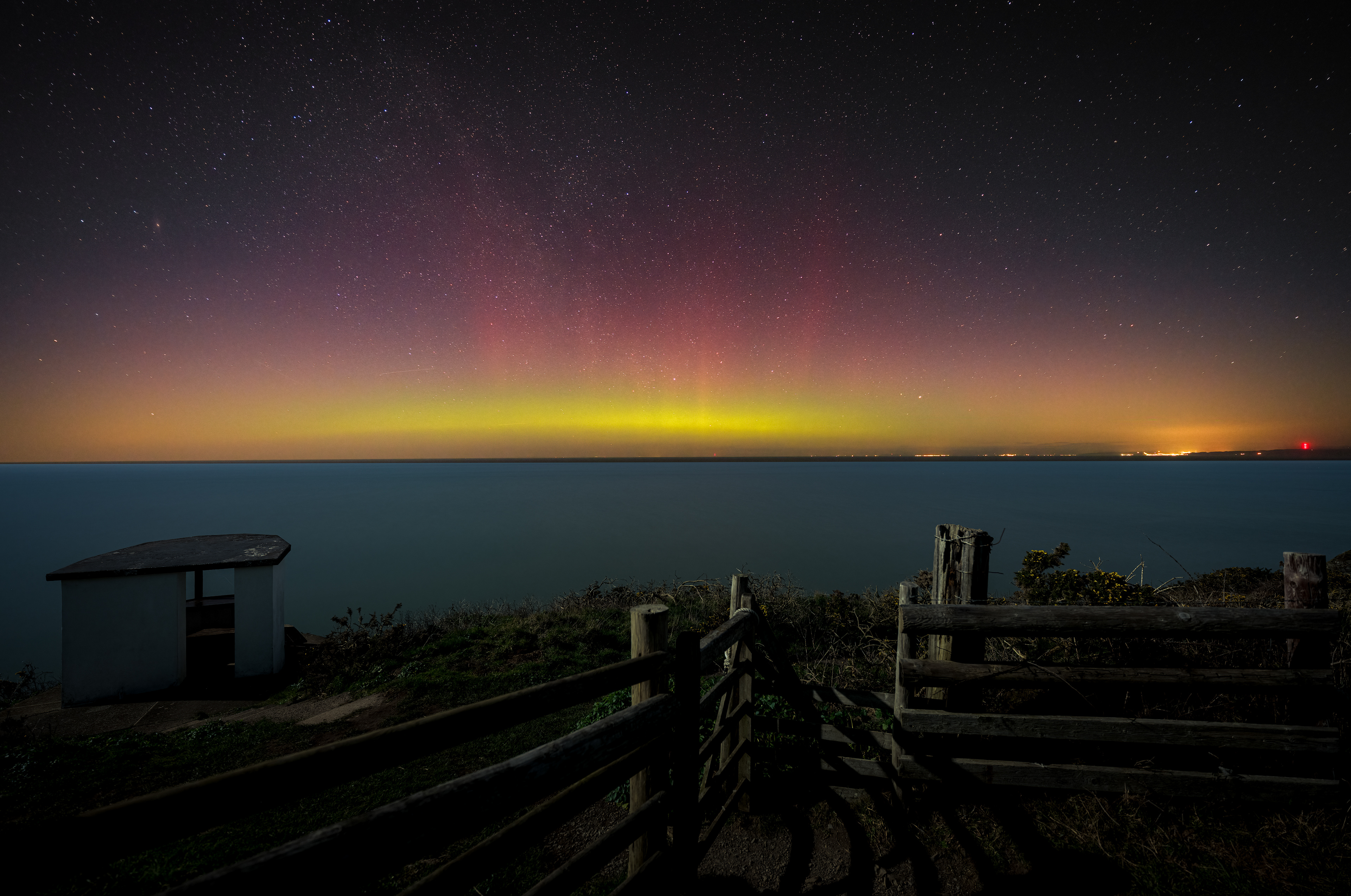 Northern Lights over Cardigan Bay and the Llyn Peninsula from New Quay Coastal Path