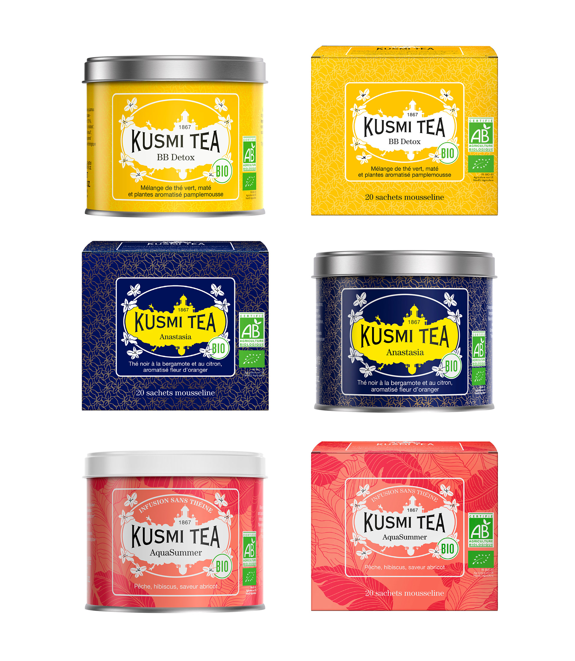 Packagings pour le passage au bio de Kusmi Tea